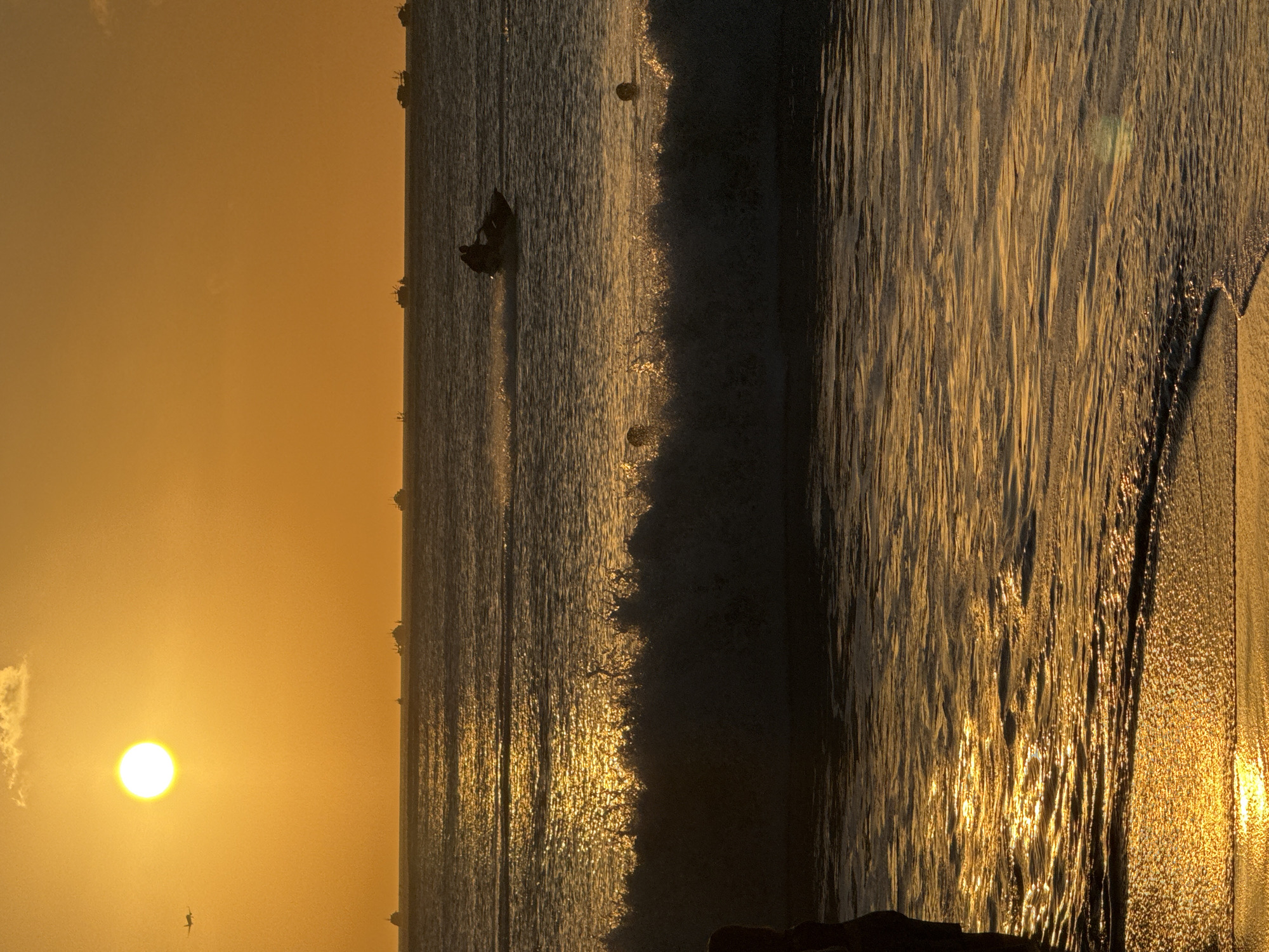 The image depicts a sunset over the ocean, casting a warm golden glow across the scene. The sun, a bright white orb, is positioned in the upper left quadrant, partially obscured by a small, wispy cloud. An airplane is visible flying left to right in the upper left corner, silhouetted against the bright sky.
The ocean is a deep blue, reflecting the orange hues of the sunset. Several boats are visible on the horizon, appearing as dark silhouettes against the vibrant sky. In the middle ground, a jet ski with two riders is speeding across the water, leaving a white spray in its wake. Closer to the shore, waves are breaking, creating white foam that contrasts with the darker water. In the foreground, the dark silhouette of a person is visible on the left side of the frame, standing at the edge of the water. The beach itself is not clearly visible, but the wet sand near the water's edge is illuminated by the sunset.
This scene is likely Kuta Selatan, Indonesia, a popular tourist destination known for its beaches and vibrant sunsets. The presence of boats, jet skis, and a beachgoer suggests a typical recreational setting. The overall atmosphere is serene and picturesque, with the natural beauty of the sunset enhanced by the human activity on the water.