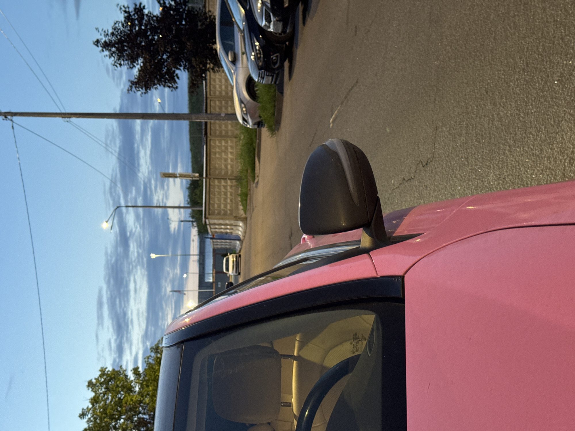 The image depicts a street scene in Shushary, Russia, at dusk or twilight. The foreground is dominated by the side and front of a pink car, with its interior visible through the windshield, showing cream-colored seats and a steering wheel. The car is parked on asphalt. In the background, several other cars are parked in a row. Beyond the parked cars, there is a concrete fence and a grassy area. The sky is a deep blue with scattered clouds and streetlights are illuminated. A wooden utility pole with wires stretches vertically on the right side of the frame. A white car is visible further down the street. The overall impression is of a residential or commercial parking area.