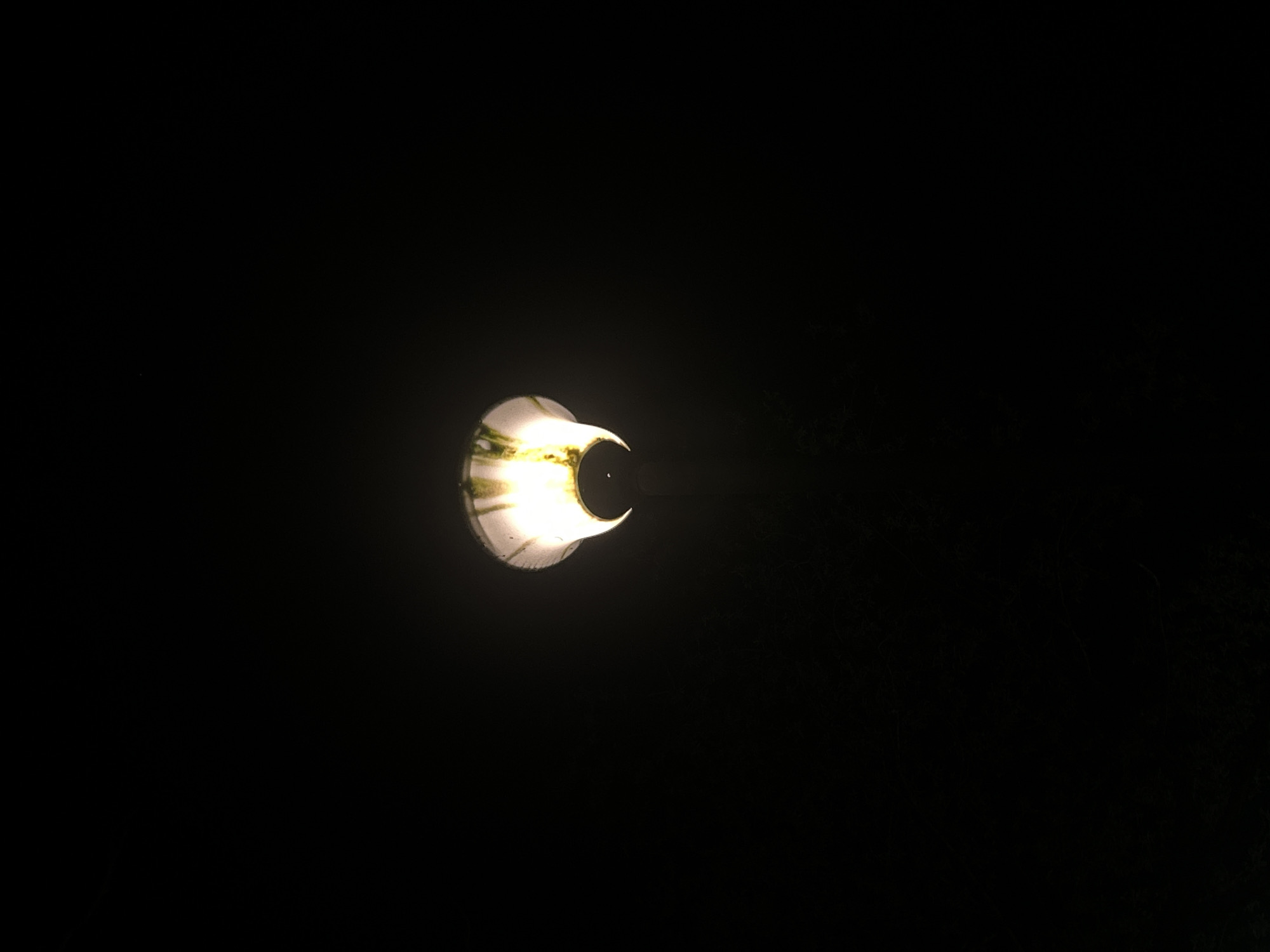 A low-angle shot captures a partially illuminated object in the dark. The object is roughly circular and appears to be a light fixture. The lower portion of the fixture curves slightly inwards, giving it a crescent shape. The light emitted is a yellowish hue, and there are hints of green algae or plant life on the fixture's surface. The surrounding environment is dark and undifferentiated.