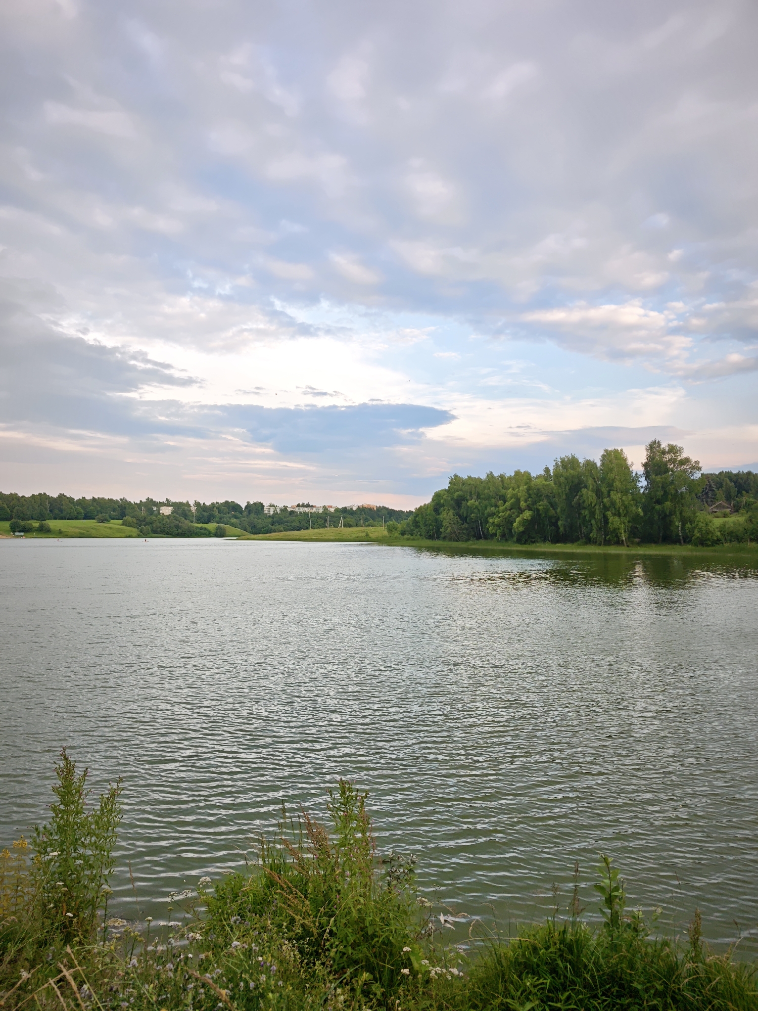 The image depicts a serene lake scene under a cloudy sky. The water is calm, with gentle ripples disturbing its surface, reflecting the muted light of the overcast day. Along the distant shore, a line of lush green trees forms a dense forest, with some interspersed buildings and structures visible behind the foliage. The foreground is lined with verdant grasses and wild flowers, suggesting a natural, undeveloped setting.
There are a few faint human figures visible in the distance on the water, possibly engaged in swimming or boating, though they are too small to discern specific activities. A small wooden structure is partially visible amongst the trees on the right side of the frame.
The time of day appears to be late afternoon or early evening, given the soft, diffused light and the subdued colors. The weather is cloudy, with patches of lighter sky peeking through the cloud cover. The overall mood is peaceful and tranquil, inviting contemplation of nature's quiet beauty. The location is identified as Sinkovo, Russia. No visible text is present in the image.
