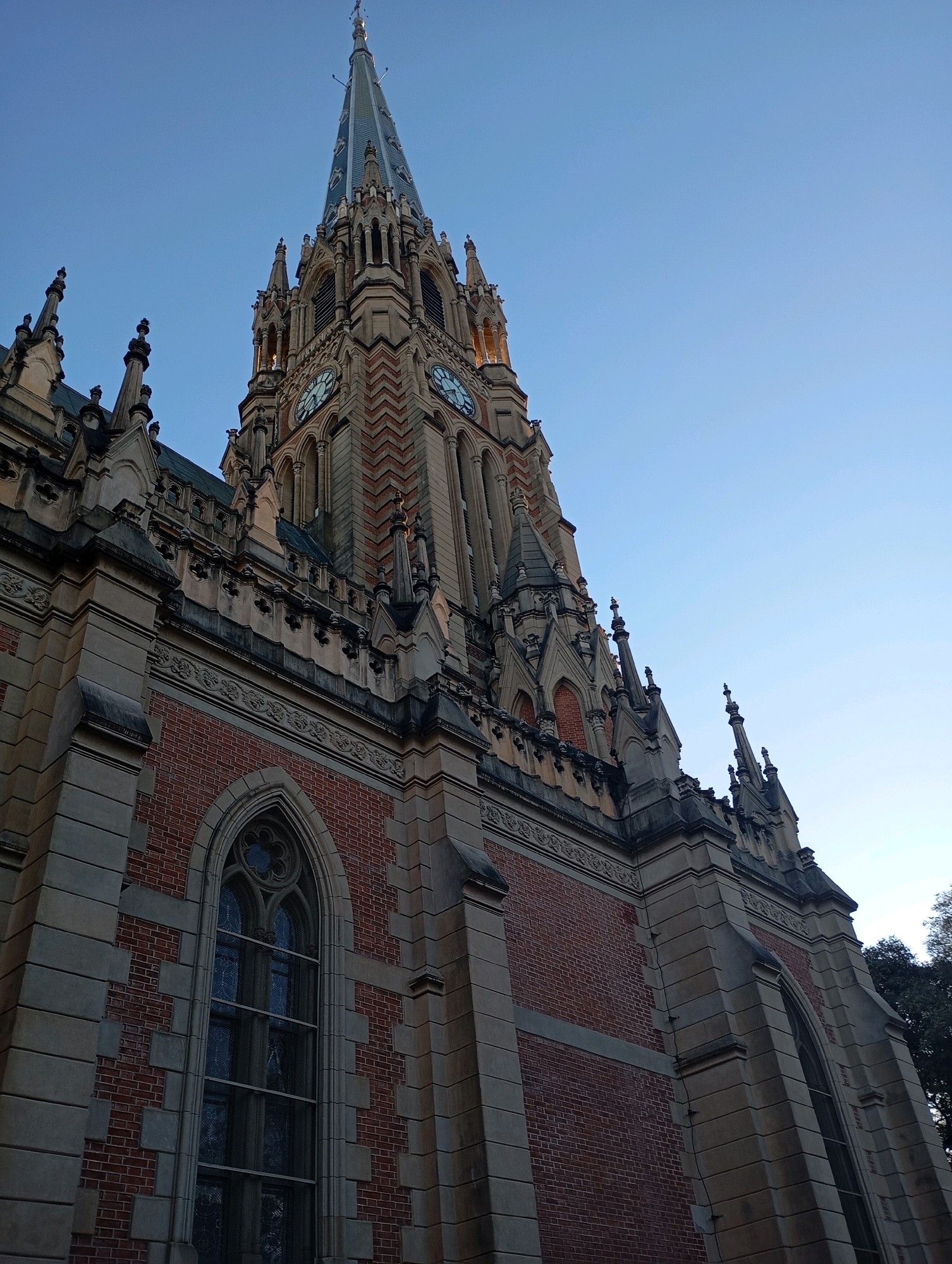 The image shows a low-angle view of the towering spire and facade of the Cathedral of San Isidro Labrador in San Isidro, Argentina. The cathedral is constructed with a combination of red brick and stone, featuring Gothic architectural elements such as pointed arches, intricate carvings, and pinnacles. A large clock face is visible on one of the towers. The sky is clear and blue, indicating it is daytime, likely late afternoon or early evening due to the soft lighting. No people are visible in the frame, and the scene focuses entirely on the architectural grandeur of the cathedral.