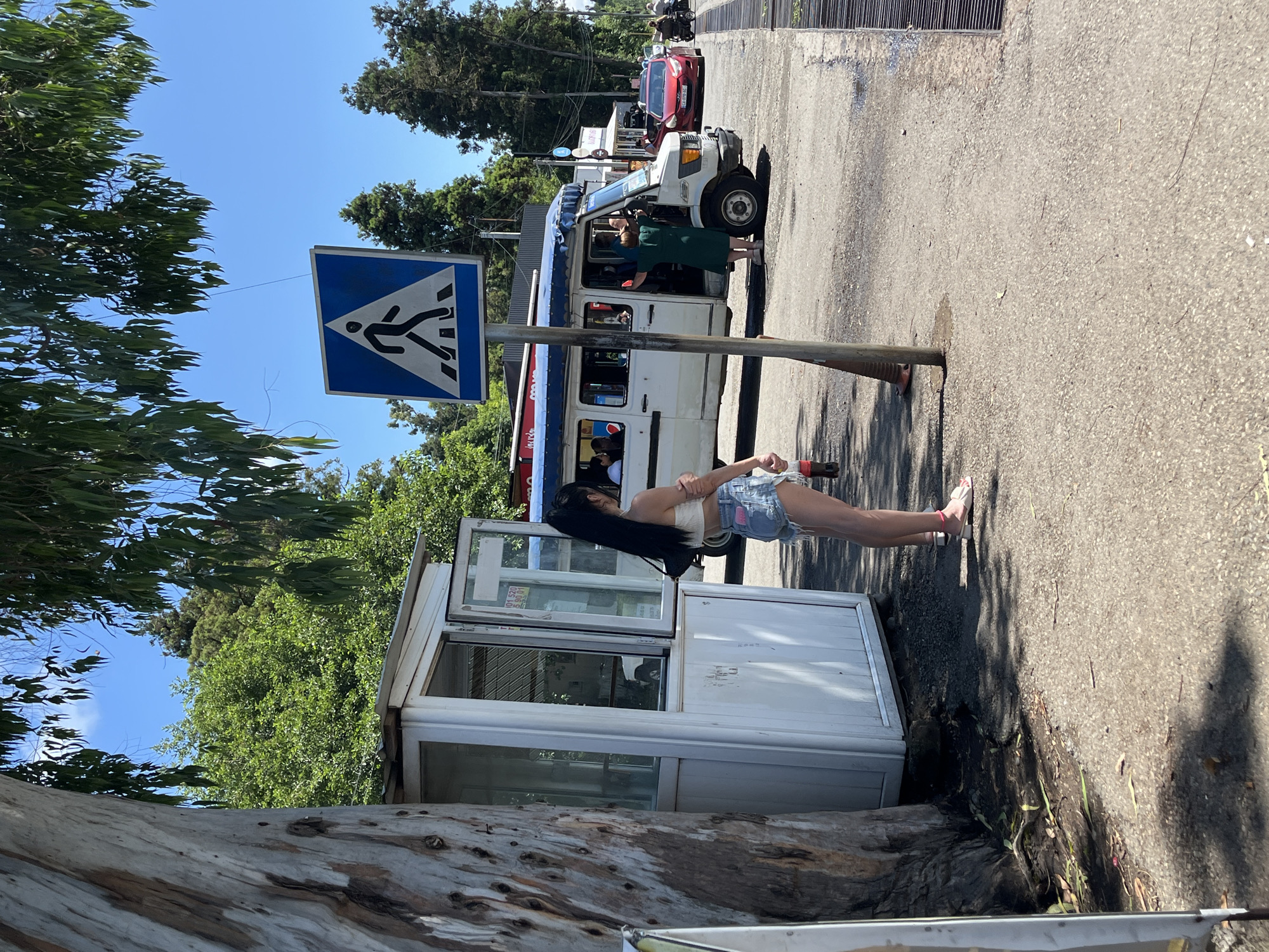 The image depicts a street scene in Ureki, Georgia, on a sunny day. In the foreground, a young woman with long black hair and wearing a white crop top and denim shorts stands near a white booth. She is facing away from the camera, looking towards a street. To her left is a large tree trunk.
Behind the woman, a white minibus with a blue awning is parked. The minibus has its door open, and several passengers are visible inside. A woman in a green dress is standing near the open door of the minibus, seemingly interacting with someone inside or about to board.
A pedestrian crossing sign, a blue square with a white triangle and a black pedestrian silhouette, is prominently displayed on a pole in the middle ground. The street is paved with asphalt and has a drain grate on the right side. In the background, there are more trees and buildings, as well as a red car and a person on a motorcycle. The overall environment suggests a public area in a town or city, likely near a bus stop or a commercial zone.