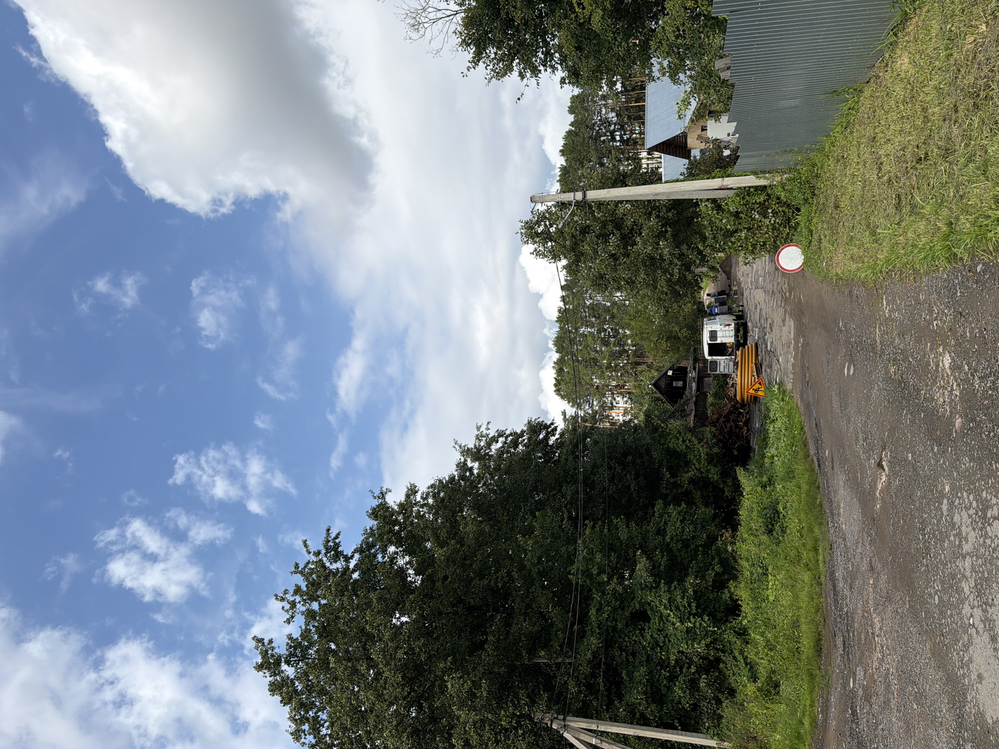 The image shows a dirt road in a rural or suburban area of Chaikovsky, Russia. On the left side of the road, a large, dense tree with dark green leaves dominates the scene. A utility pole with electrical wires stands in front of the tree. Further down the road, several people are gathered around a white van. Yellow pipes and construction materials are visible near the van. A red and white circular sign is placed on the side of the road. On the right side of the road, a corrugated metal fence runs along the property line of a house with a gray roof. Behind the fence, trees and more houses are visible. The sky is partly cloudy with blue sky and white clouds. The overall impression is a peaceful, somewhat unkempt, residential area with ongoing construction or maintenance work.