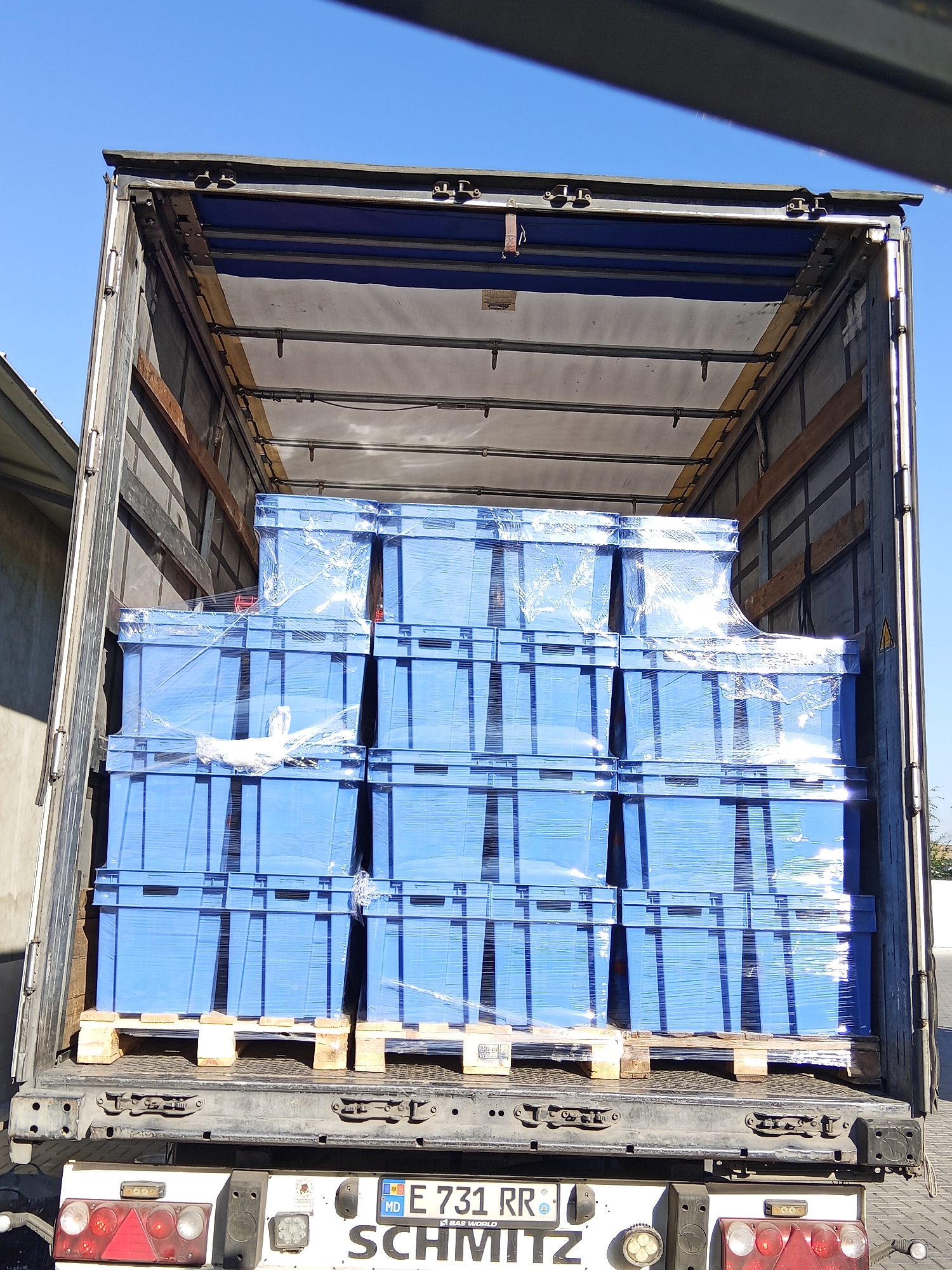 The image shows the back of a truck trailer filled with blue plastic crates. The crates are stacked high and secured with plastic wrap. The trailer is open at the back, revealing the cargo. The license plate of the truck is visible and reads "E 731 RR MD", indicating it is registered in Moldova. The scene appears to be in an outdoor urban environment, possibly a loading dock or a street, with a blue sky in the background. The truck's taillights and rear bumper are also visible. The overall impression is of a commercial transport operation.