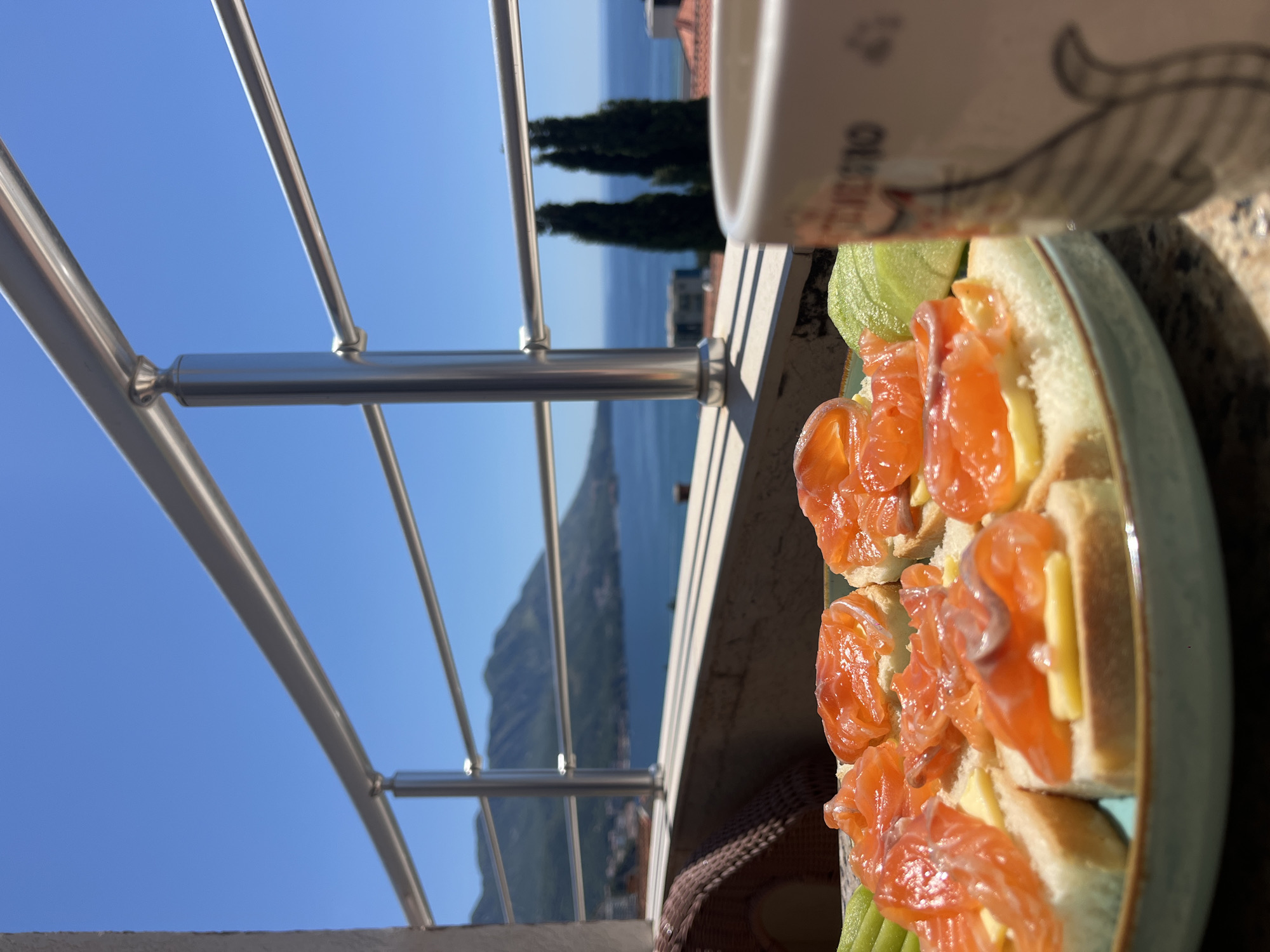 The image depicts a plate of open-faced sandwiches with salmon and butter on a balcony overlooking the Adriatic Sea in Bečići, Montenegro. In the foreground, a light blue plate holds several small sandwiches topped with slices of salmon and a pat of butter. To the left of the plate, a portion of what appears to be avocado or cucumber is visible. Partially visible on the right side of the frame is a white mug with a black line drawing on it. A metal railing runs across the mid-ground, separating the balcony from the scenic view beyond. The background reveals a calm blue sea, lush green mountains, and scattered buildings. The sky is a clear, bright blue. The lighting suggests it is daytime.