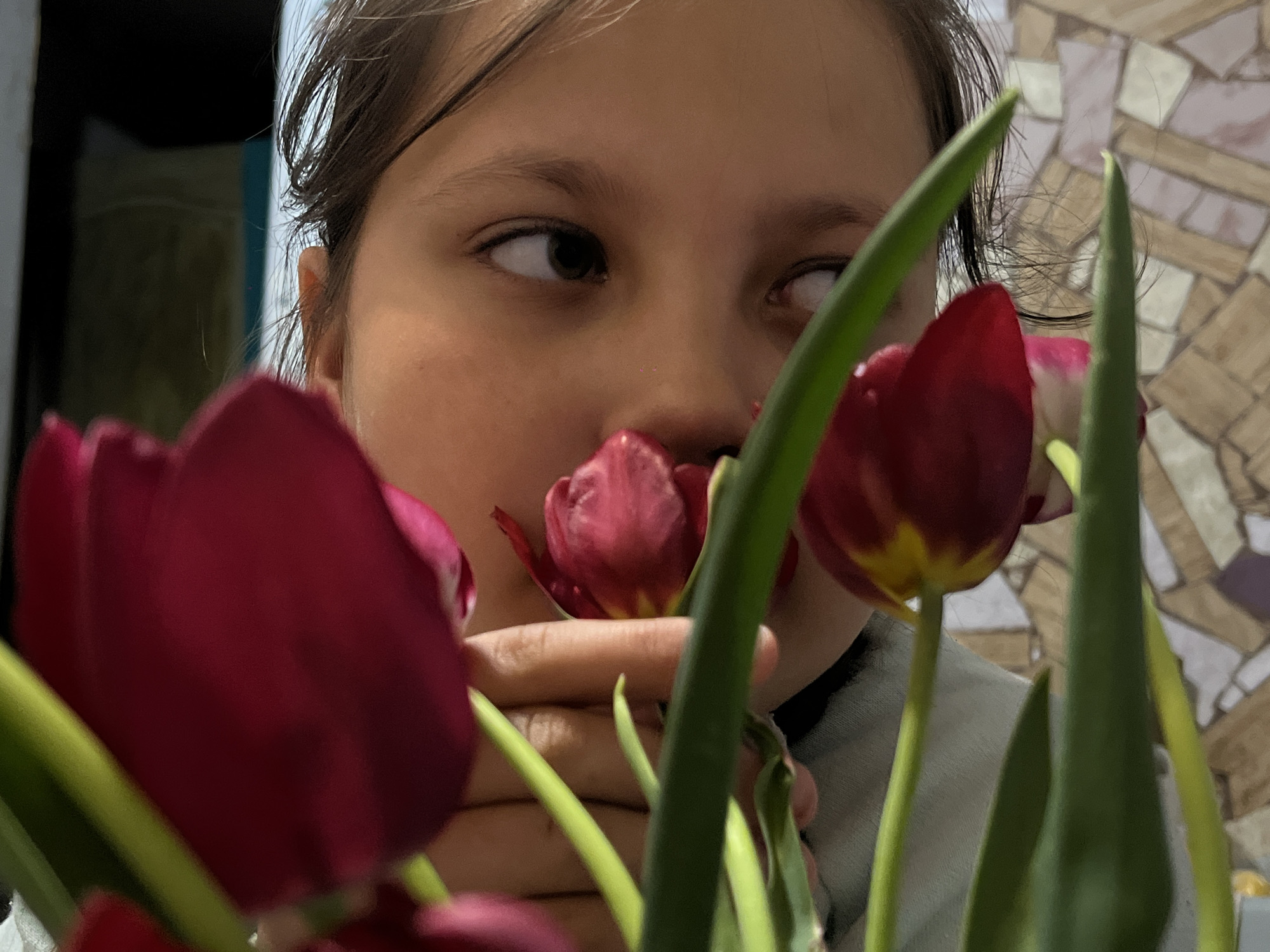 A young girl is holding red tulips in front of her face. She has brown hair pulled back from her face and is looking to her right. The background includes a glimpse of a wall decorated with mosaic tiles. The location is Novopokrovskaya, Russia.