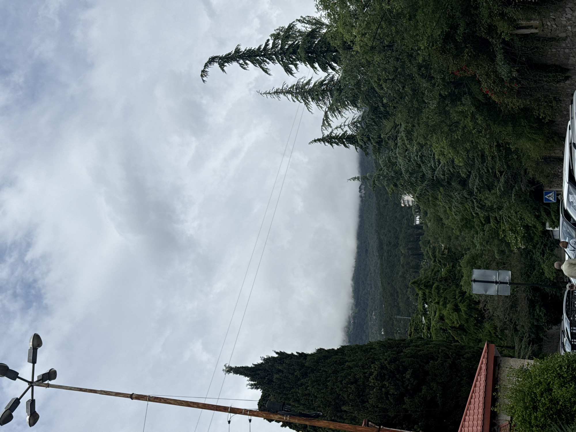 The image shows a view towards a mountain shrouded in low-hanging clouds. The sky is overcast. In the foreground, there's a tall, thin tree and a rusty street lamp post with several light fixtures. Power lines stretch across the scene. On the right, there are green trees and bushes, a road sign, and cars parked along the roadside. A building with a red tile roof is visible at the bottom right. A person is standing by one of the cars. The location is likely in a mountainous area or a city near a mountain. The city is unknown.