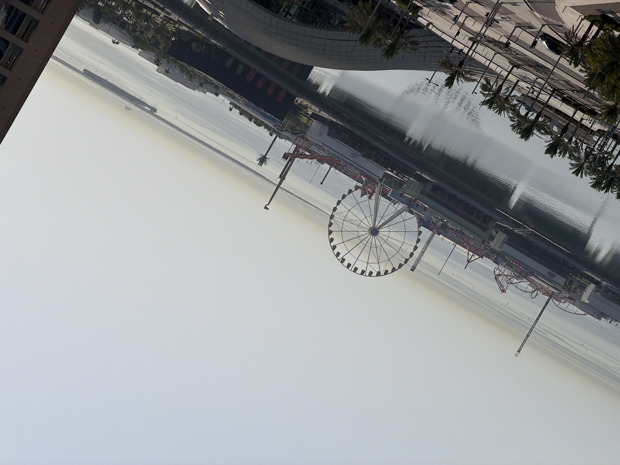 The image shows a wide, angled aerial view of a waterfront amusement park and its surroundings. In the foreground, there is a street lined with palm trees and a few cars. Beyond the street, a body of water reflects the sky and the structures on the opposite bank.
The amusement park features a large Ferris wheel, a roller coaster with red tracks, and several other rides and attractions. Buildings associated with the park, including what appear to be concession stands or entertainment venues, are visible along the waterfront. In the distance, a large cargo ship is visible on the water, and a hazy horizon suggests a vast expanse of sea or ocean. The sky is bright and appears to be clear with a slight haze towards the horizon. The overall scene is brightly lit, indicating it was taken during daylight hours.