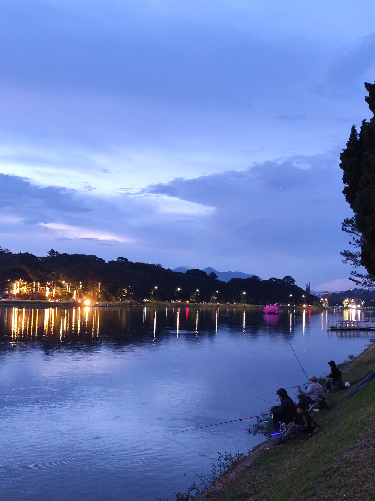 The image shows a nighttime scene in Da Lat, Vietnam. A body of water, likely Xuan Huong Lake, dominates the view, reflecting lights from the opposite shore. Silhouetted trees line the shore opposite the viewer. Several individuals are fishing along the grassy bank in the foreground. Fishing rods extend out over the water. The sky is a mix of blue and grey hues. A pink lotus-shaped structure is visible on the lake's surface, adding a distinctive feature to the Da Lat skyline.