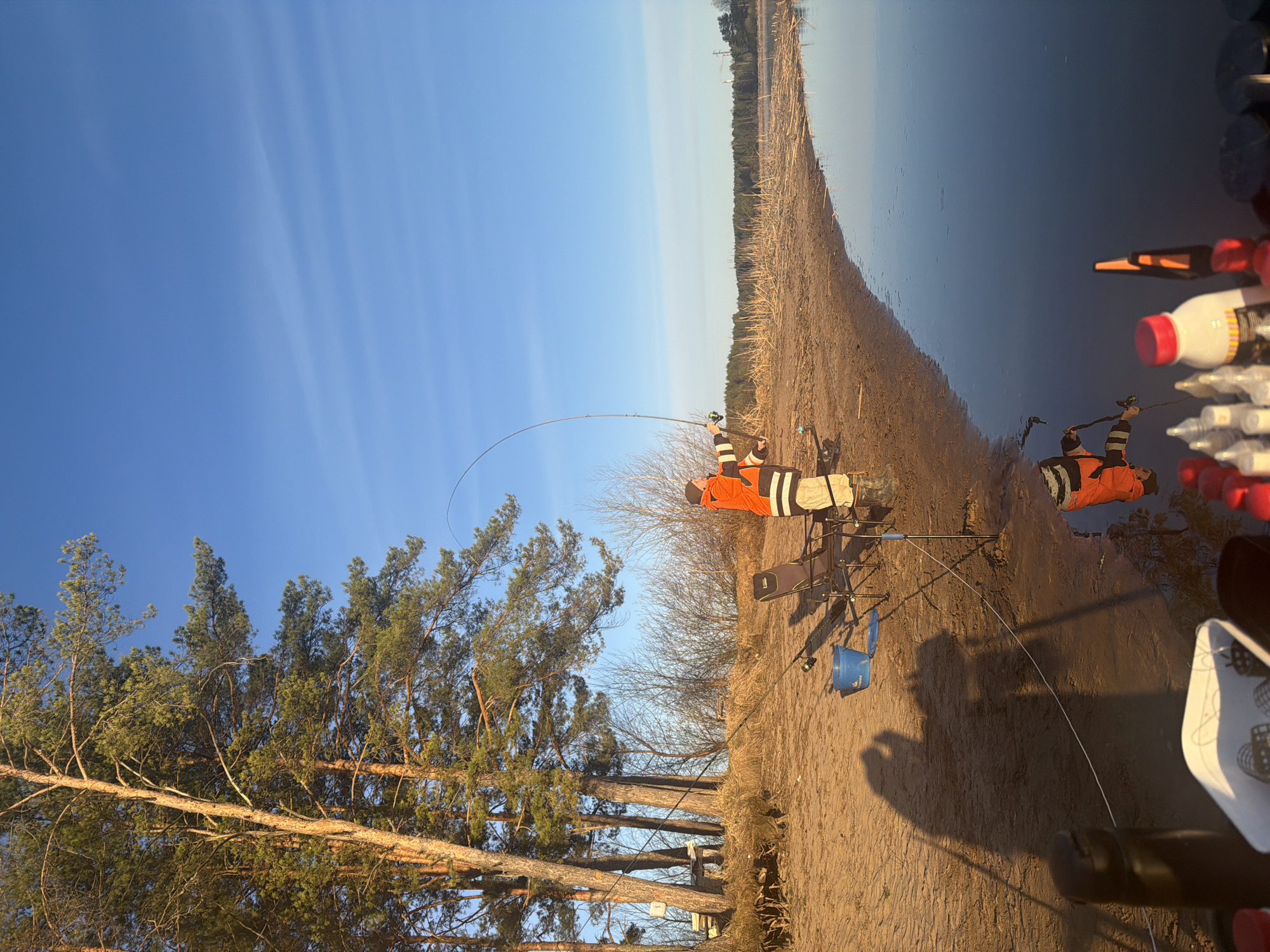 This outdoor image captures a fishing scene along a body of water in Chaykovsky, Russia, during what appears to be either early morning or late afternoon, indicated by the long shadows cast across the sandy bank.
The scene features a wide, sandy or dirt bank sloping gently towards calm, clear water on the right side of the frame. A prominent line of tall pine trees with green needles and rugged bark defines the left side. Across the expanse of water, a distant treeline is visible under a clear, bright blue sky that occupies the upper portion of the image. Faint, parallel streaks of light are noticeable in the sky.
Two individuals are present, both dressed in bright orange jackets or safety vests with reflective stripes. One person, situated further along the bank, is actively engaged in fishing, holding a rod that is notably bent, suggesting they are reeling in a catch or have just cast. They are seated on a portable chair, with a blue bucket and other fishing equipment, including a rod stand, nearby. A second individual is partially visible closer to the viewer on the right, also seated on a chair and seemingly attending to their gear.
On the far right, a collection of bottles with red and white caps can be seen, likely containing bait, drinks, or other fishing supplies. The overall atmosphere is serene, highlighting an active moment of an outdoor pursuit. No discernible text is visible in the image.