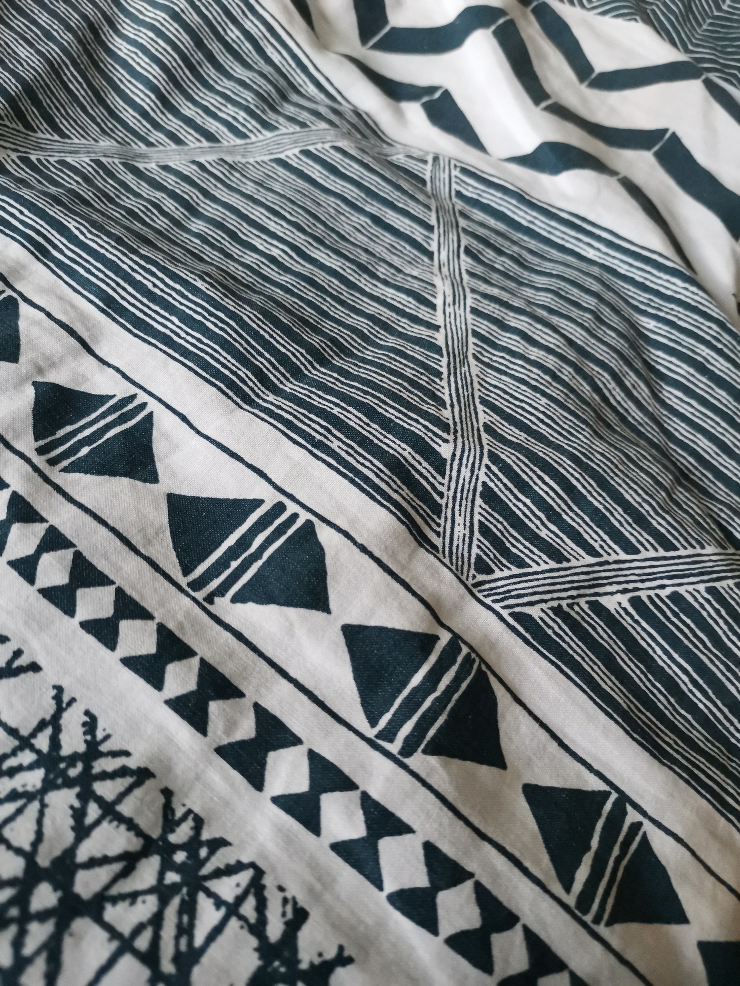 The image shows a close-up of a piece of fabric with a repeating geometric pattern in white and dark teal. The pattern includes stripes, triangles, X shapes, and a zigzag design. The fabric is crumpled. The image does not depict any location or people.