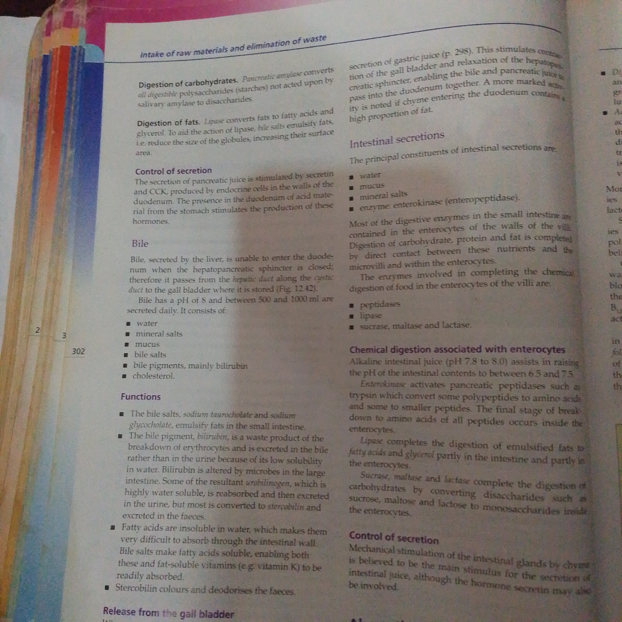 This is a close-up, high-angle shot of an open textbook with a pink cover. The page is filled with dense text, predominantly in black font, with some headings and bullet points highlighted in bold. The text discusses the "Intake of raw materials and elimination of waste," detailing processes like digestion of carbohydrates and fats, bile production and function, and intestinal secretions.
There are no people or animals visible in the image. The objects are the book itself and the page with its printed content. The setting is a flat surface, likely a table or desk, on which the book is placed. The lighting appears to be from an overhead source, as suggested by the slight glare on the page. There are no distinct time-of-day or weather cues.
Notable details include the presence of page numbers "2" and "3" in the top left corner, and the number "302" below them, indicating it's part of a larger work. The text is the most prominent feature, detailing biological and physiological processes. There's a slight visual obstruction on the left side of the image, appearing as vertical stripes of pink, blue, and orange, possibly from another object or the book's binding. The emotions conveyed are neutral, as the image focuses on educational content.
The visible text is the entire body of the description within the textbook pages, covering topics of digestion and related bodily functions. There are no explicit location cues within the text that specifically point to Jalingo, Nigeria; the text appears to be general biological information.