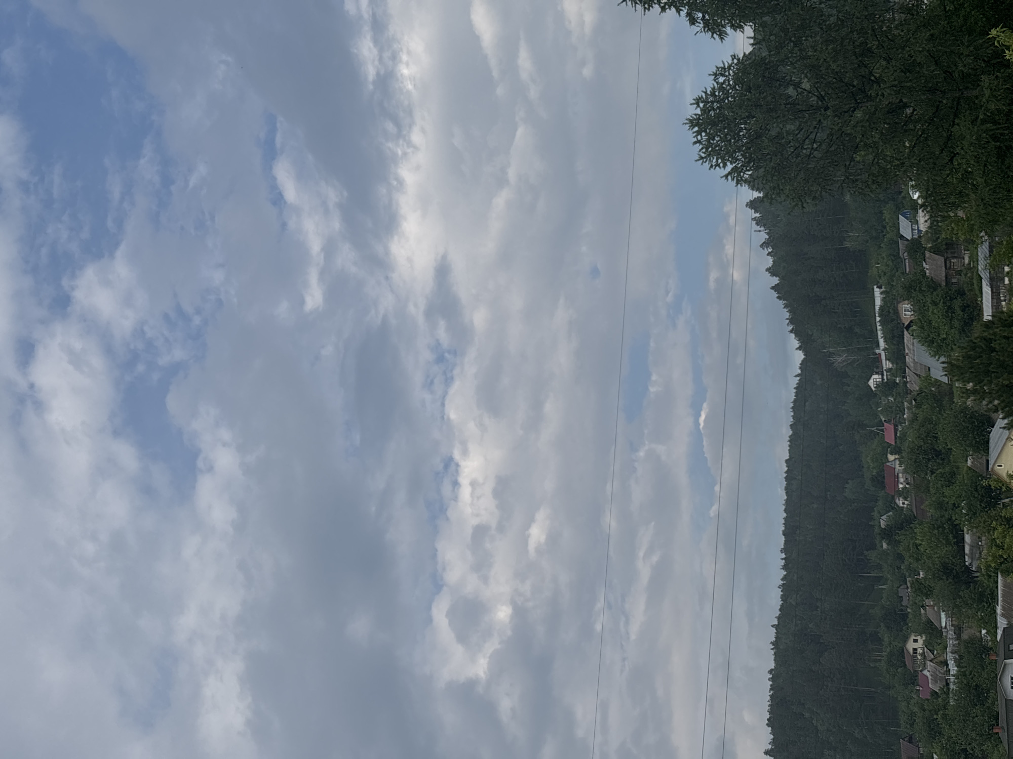 The image depicts a rural village nestled at the base of a dense, dark green forest that stretches across a rolling hill. The village consists of a cluster of houses with red and gray roofs, interspersed with trees. Power lines are visible stretching horizontally across the middle ground of the image. The sky above is filled with a mix of white and gray clouds, with patches of blue sky showing through. The overall impression is a peaceful, slightly overcast day in a natural setting. The location is identified as Zheleznogorsk, Russia.