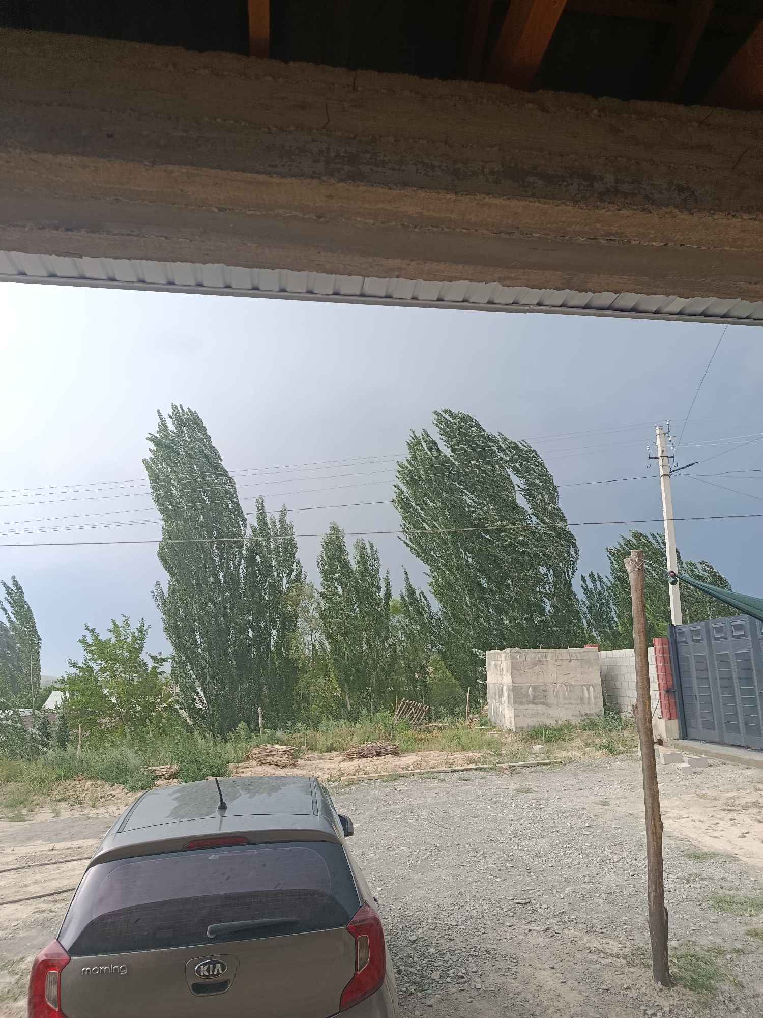 The image shows a view from under a sheltered overhang, looking out towards a yard with a car. The sky is overcast with a grayish hue, and tall, slender trees with dense green foliage are visible in the background, some appearing to be leaning as if from strong wind. Power lines run horizontally across the scene in front of the trees. To the right, a concrete utility pole stands with wires attached, and a large, dark gray metal gate is visible. In the foreground, the rear of a light brown Kia Picanto car is parked on a gravel surface. To the left and center of the mid-ground, there are several construction materials, including a concrete block structure and stacked bricks. The overall environment suggests an outdoor, possibly rural or semi-urban setting in Он Эки-Бель, Kyrgyzstan. No people are present in the image.
