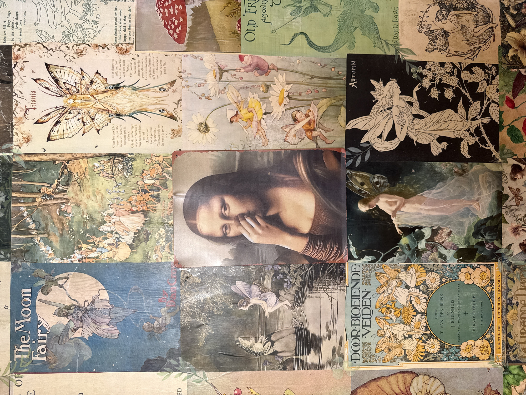 The image is a collage of various illustrations and prints, mostly featuring fairies and fantasy themes. There is also a print of the Mona Lisa in the center. The texts in the image are in English, French, and Dutch. Other images include: "The Moon Fairy," an image of "Titania," a book titled "DOOR BIOEIENDE VEIDEN," and an image with the word "Autumn" on it.