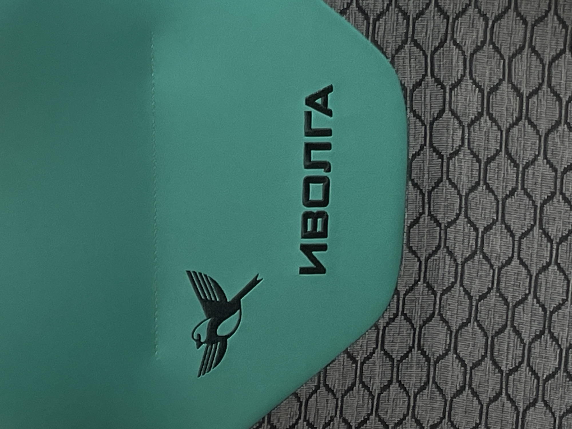 The image is a close-up shot of a teal-colored surface with a black logo of a bird in flight. Below the bird logo, the word "ИВОЛГА" (Ivolga in Russian) is embossed in black, block letters. The surface appears to be a fabric or leather material, with a stitched line visible above the bird logo. The bottom portion of the image shows a textured, grey hexagonal pattern, suggesting it is part of a seat or upholstery. The scene is indoors or a controlled environment. The provided image does not contain any information to determine its location in Moscow, Russia.