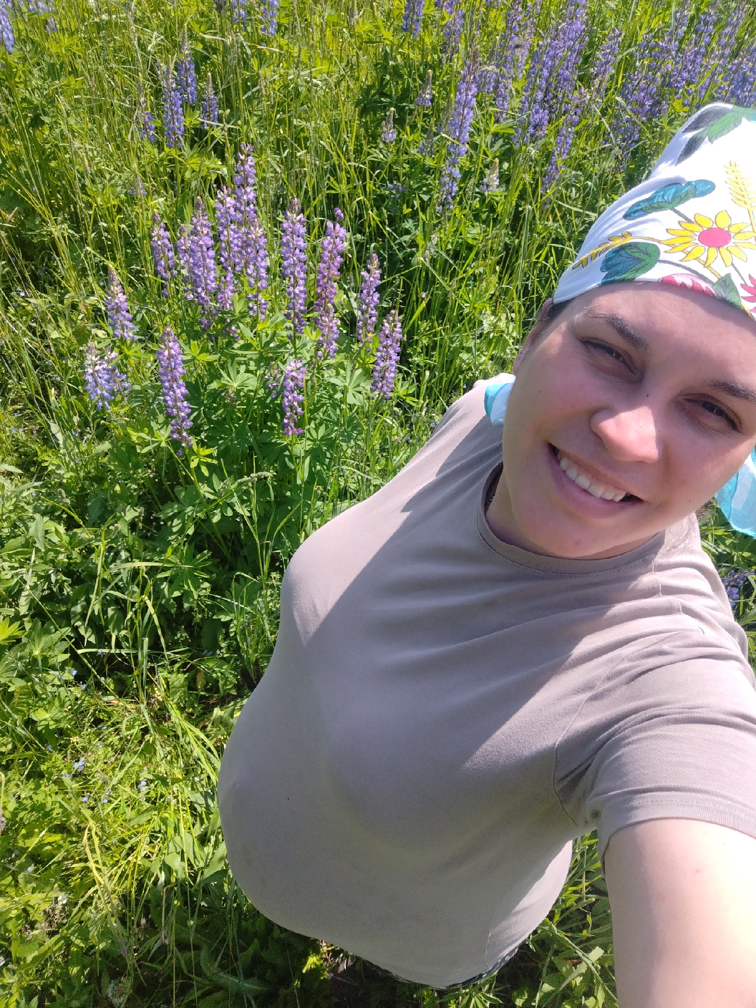 A woman is taking a selfie in a field of lupines. She is wearing a grey t-shirt and a headscarf with a floral pattern. The field is green with tall purple lupine flowers. The background shows more lupines and greenery. The woman is smiling and looking at the camera. The lighting suggests it is a sunny day.