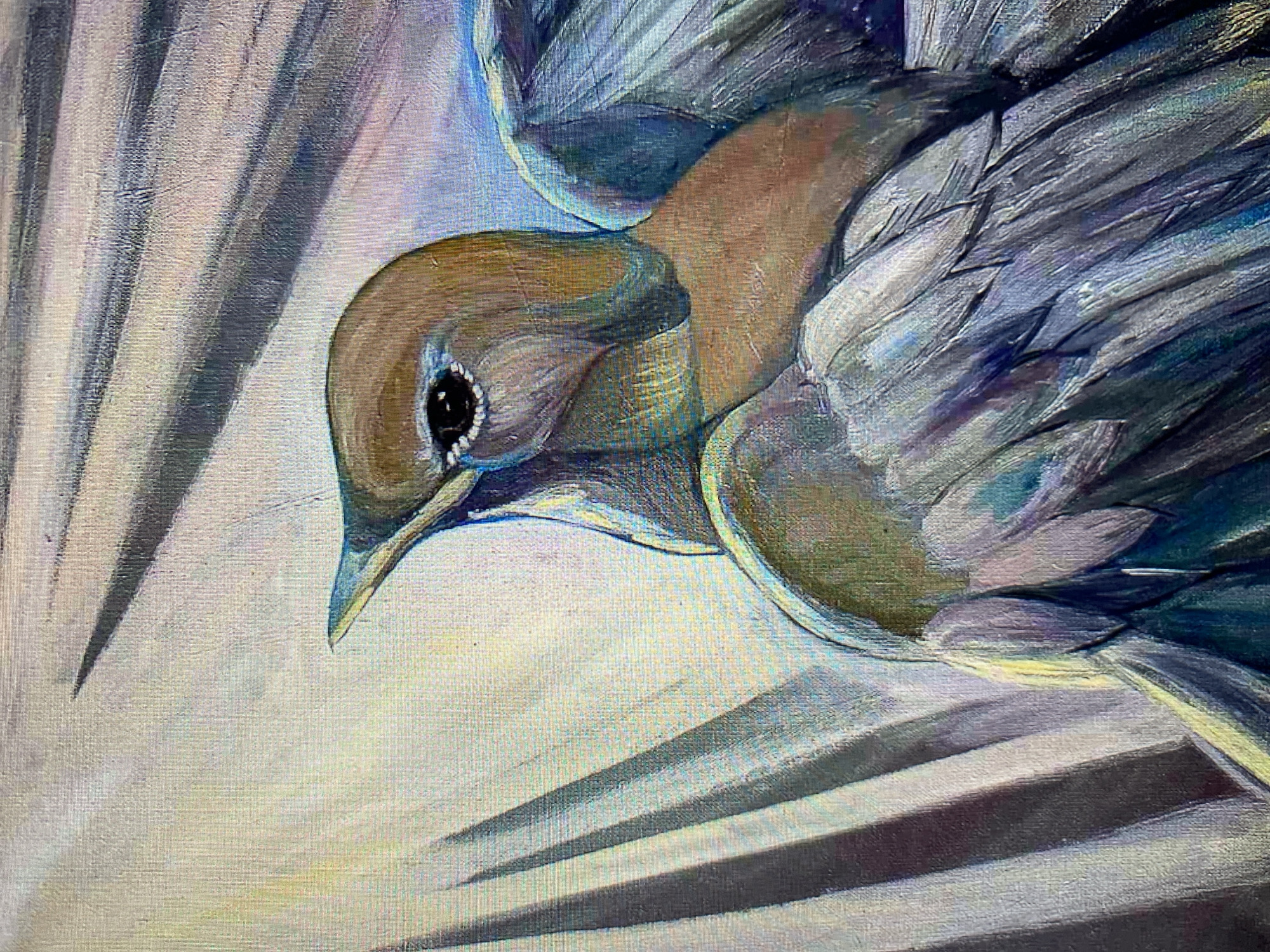 A close-up painting depicts the head and upper body of a bird, rendered in oils on canvas. The bird is positioned in the upper right quadrant, facing left with its head tilted upwards. Its eye is dark and round, with a white highlight. The feathers on its head are a warm brown, transitioning to cooler tones of gray, blue, and purple on its chest and wings. The background features stylized rays of light, radiating from the upper left corner and casting shadows that create a sense of depth. The texture of the canvas is visible, indicating it is an oil painting. There is no discernible location within a city.