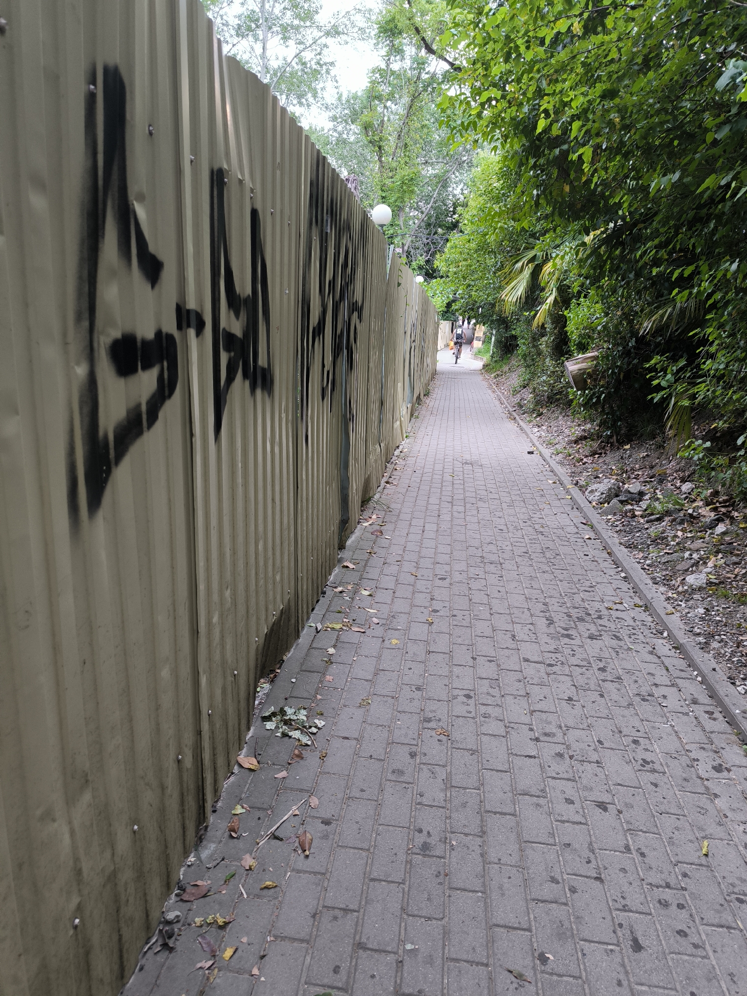 A paved walkway runs alongside a corrugated metal fence covered in black graffiti. The fence is on the left side of the image and stretches into the distance. On the right side of the walkway, there is dense green foliage. In the distance, a person on a bicycle is riding away from the camera down the walkway. The sky is overcast.