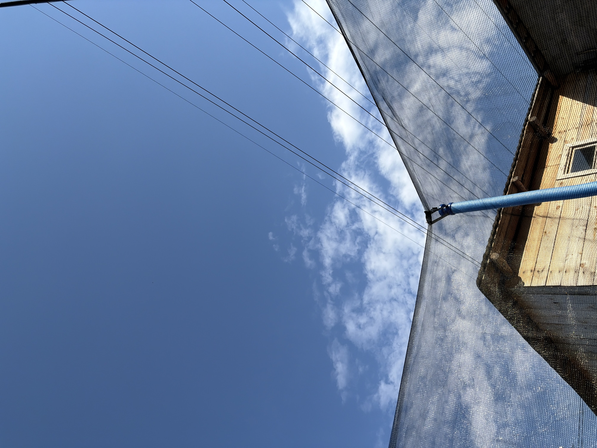 The image shows a view looking upwards in Chaikovsky, Russia. Power lines run across the upper left portion of the frame. A blue pipe is attached to the side of a wooden building, partially obscured by a mesh netting structure. The sky is partially clear with some scattered clouds.