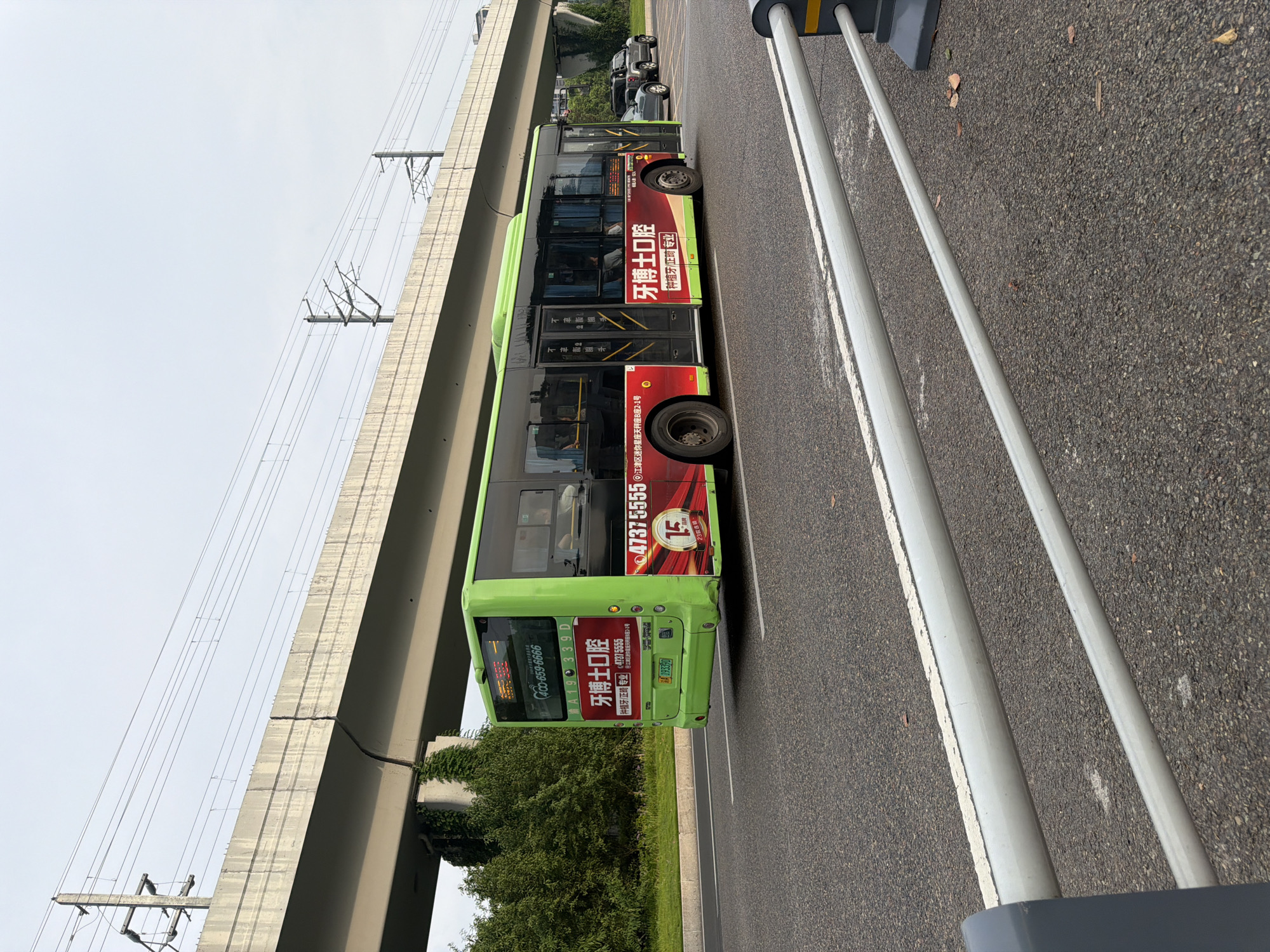 In Jiangjin, China, a bright green city bus with red and black advertising is captured from the rear and side, moving along a paved road under an elevated concrete structure. The bus displays advertisements for "牙博士口腔" (Yá Bóshì Kǒuqīang) and includes Chinese characters and a phone number. On the rear of the bus, a circular emblem with the number "15" is visible. The elevated structure, likely a highway or overpass, shows signs of a significant crack down its center. Overhead power lines run parallel to the structure. The roadside is lined with lush green trees and vegetation. The sky is overcast. A silver car and a dark SUV are parked on the shoulder of the road further down. A white metal barrier with a yellow accent is in the foreground, partially obscuring the lower part of the bus. The road has white lane markings.