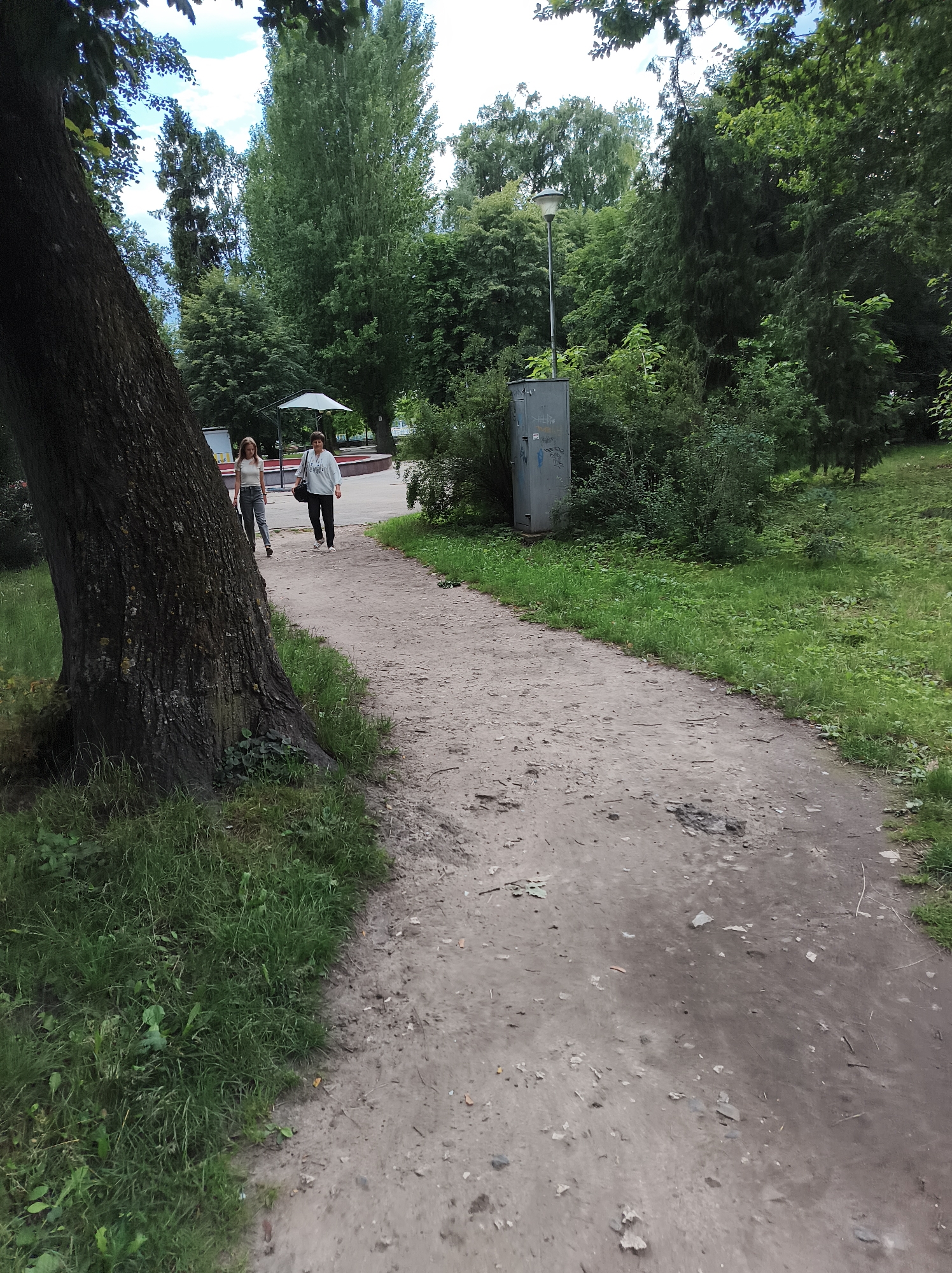 The image depicts a paved pathway in a park-like setting, likely in Ternopil, Ukraine, judging by the architectural style of the electrical box. Two individuals, an adult and a younger person, are walking away from the camera on the path. The adult is wearing a light-colored, patterned sweatshirt and dark pants, carrying a dark bag over their shoulder. The younger person is wearing a white top and gray pants. The path is bordered by lush green grass and foliage, with a large tree trunk prominent on the left side of the frame. In the background, there are more trees and a lamppost adjacent to a grey metal electrical cabinet. The overall atmosphere suggests a casual outdoor activity on a pleasant day.