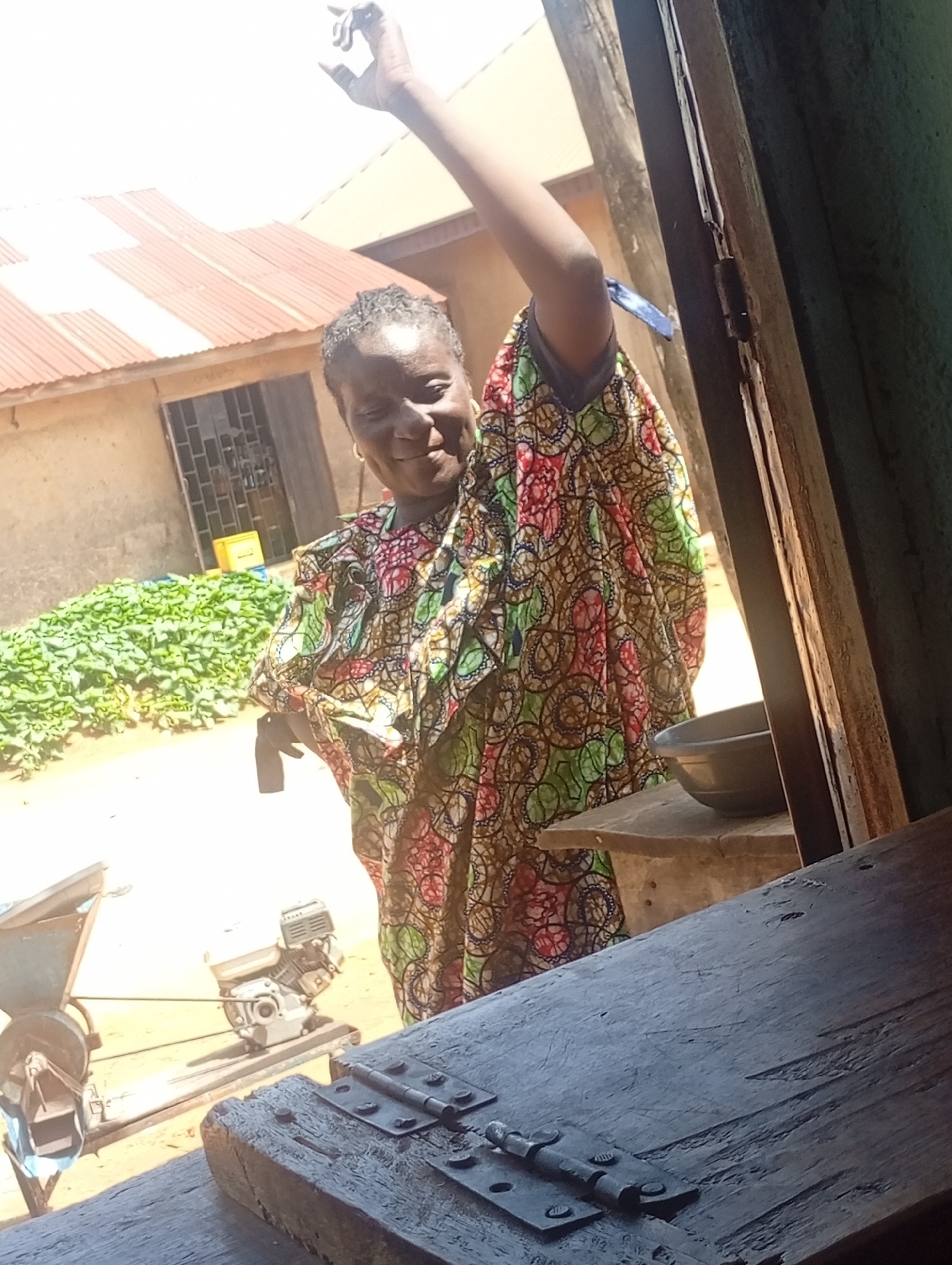 This bright, sunlit image captures a joyful older woman standing in what appears to be a doorway or window opening, smiling broadly and looking towards the viewer. She has short, dark, textured hair and is wearing a colorful garment adorned with vibrant, geometric, and circular patterns in shades of green, red, brown, and white. Her right arm is raised, with her hand open and slightly curled.
The scene is outdoors, indicating a clear, sunny daytime. Behind the woman, to the left, there's a substantial pile of fresh green leafy vegetables or plants on the ground. In the background, a light-colored building with a reddish-brown corrugated iron roof is visible, featuring a window or door covered by a metal security grate. A yellow container is also present near the building.
In the immediate foreground, a rustic wooden surface or ledge occupies the lower right portion of the frame, fitted with dark metal latches or hinges. To the left of this, partially visible, is a machine composed of a light-colored engine unit connected by a metal rod to another mechanical part, possibly for grinding or processing. A dark bowl rests on a wooden shelf beside the woman. The overall atmosphere is lively and warm, suggesting a rural or semi-urban setting. No text is visible in the image.
