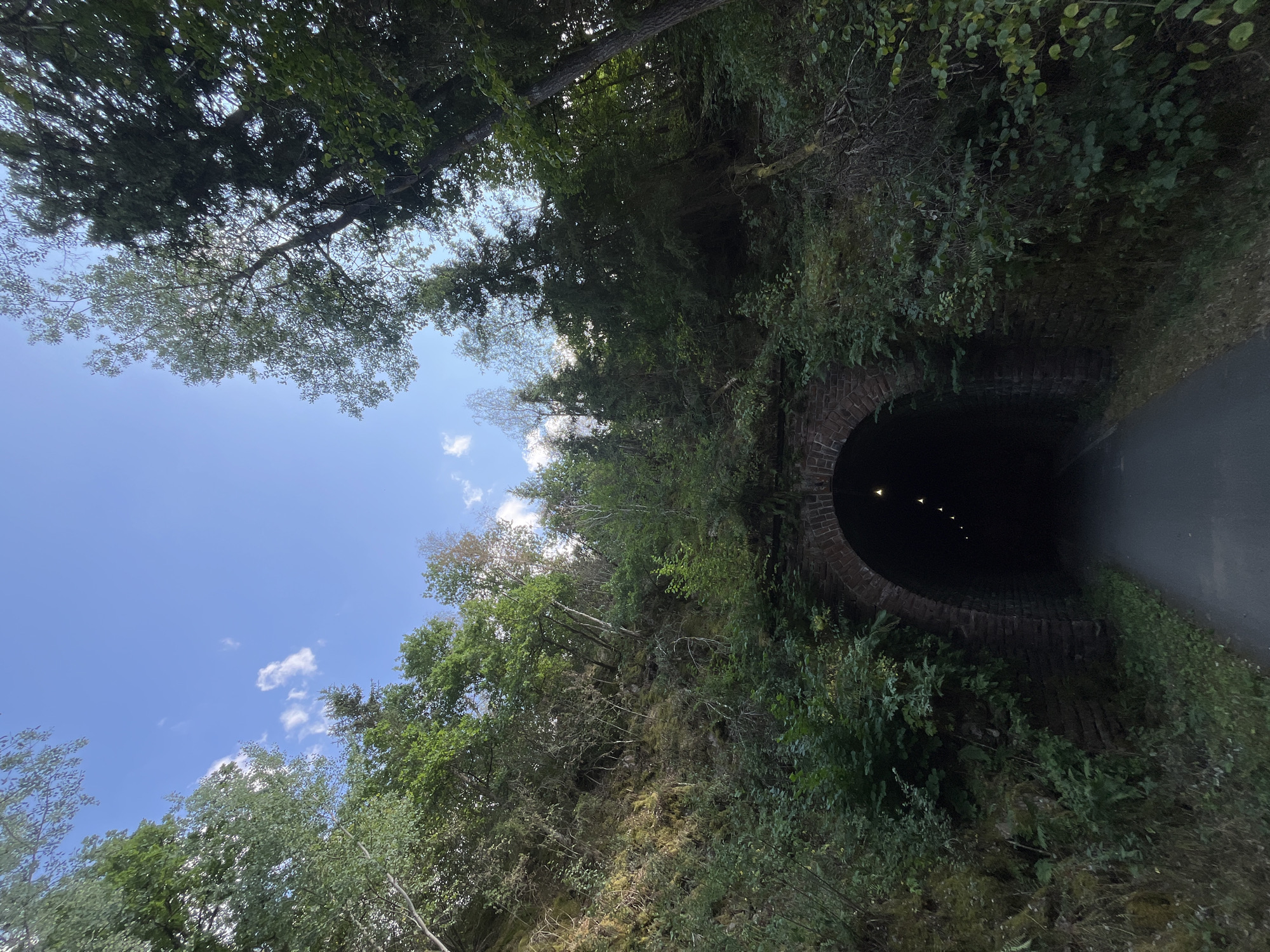 The image captures an arched brick tunnel entrance, surrounded by lush green foliage and trees. The tunnel recedes into darkness, with a series of lights visible along its interior. A paved path leads towards the tunnel entrance, suggesting it may be a pedestrian walkway or a cycling path. The sky above is blue with scattered white clouds, and the surrounding environment appears to be a natural, wooded area. The overall impression is one of a serene, outdoor setting. The location is identified as a tunnel in the city of Thommen, Belgium.