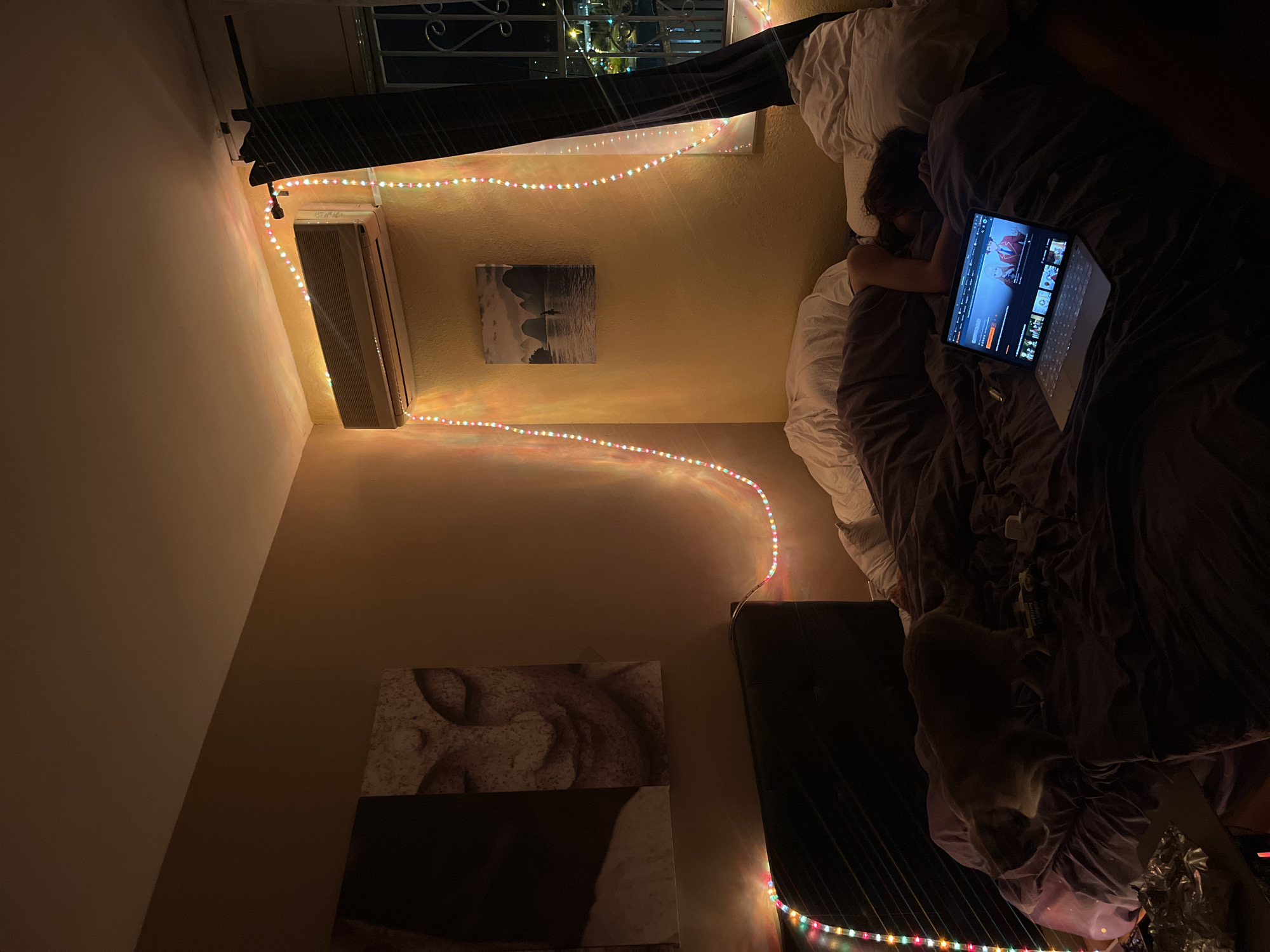 A medium shot, taken from above, presents a bedroom scene at nighttime.
The foreground is dominated by a bed occupied by a person lying down with their face obscured. A laptop rests on the bed, its screen illuminated and displaying a streaming interface with a movie or series playing. A dog is also present on the bed.
The room is illuminated by a string of colorful fairy lights that run along the perimeter of the room near the ceiling. These lights highlight the walls and certain features, such as an air conditioning unit, a window with dark curtains, and two pieces of artwork on the wall.
Outside the window, city lights are visible. Although not definitively confirmed, the distinctive architectural style and visible landmarks suggest this might be Barcelona, Spain. The lighting is dim and artificial, contributing to a cozy yet slightly melancholic atmosphere.