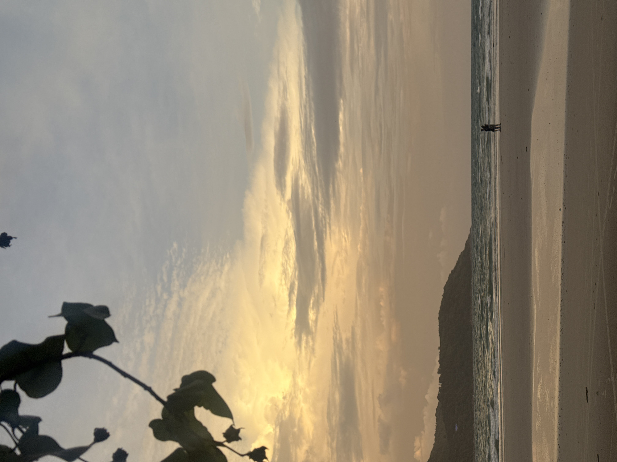 The image depicts a serene beach scene at sunset in Karon, Thailand. In the foreground, wet sand reflects the soft light of the setting sun, indicating the tide has recently receded. The middle ground features the gentle waves of the Andaman Sea lapping against the shore. Two silhouetted figures stand close together near the water's edge, their forms indistinct against the vast expanse of the beach. In the background, a lush, tree-covered hillside rises, its contours softened by the evening light. The sky is a canvas of warm hues, transitioning from pale yellow and orange near the horizon to a muted blue overhead, with wispy clouds adding texture to the atmospheric scene. A branch with dark leaves is visible in the upper left corner, partially obscuring the sky and framing the view.