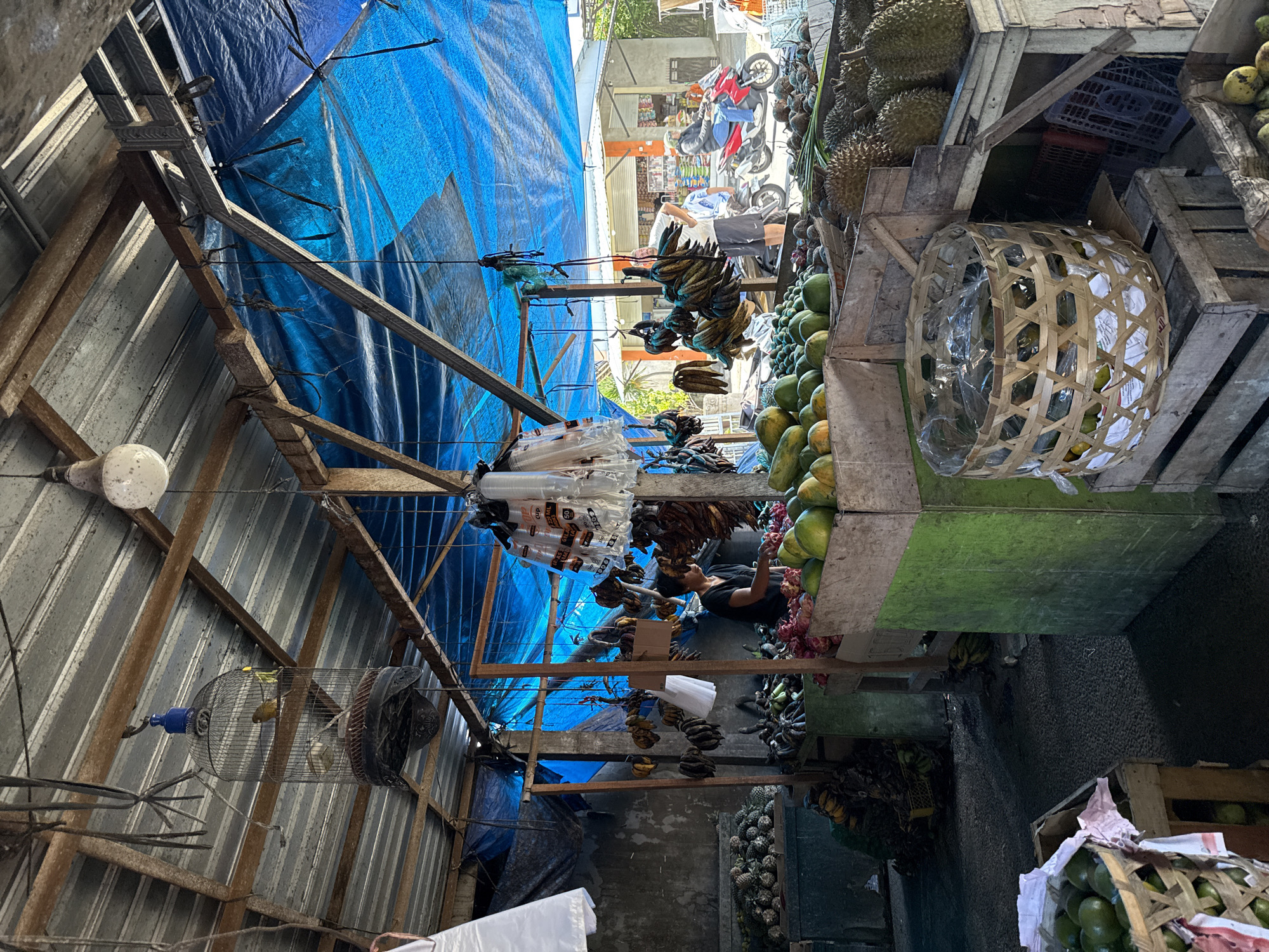 The image captures a market scene in Kutuh, Indonesia. The view is oriented down a covered alley. Fruits are stacked on the right. These include jackfruit, papayas, avocados, and dragon fruit. Several bunches of bananas hang from the supports above. On the left, the market is sheltered by a corrugated metal awning and a blue tarp. A man stands in the alley among the hanging fruit. He is wearing a black T-shirt. Motorbikes are visible at the end of the alley.