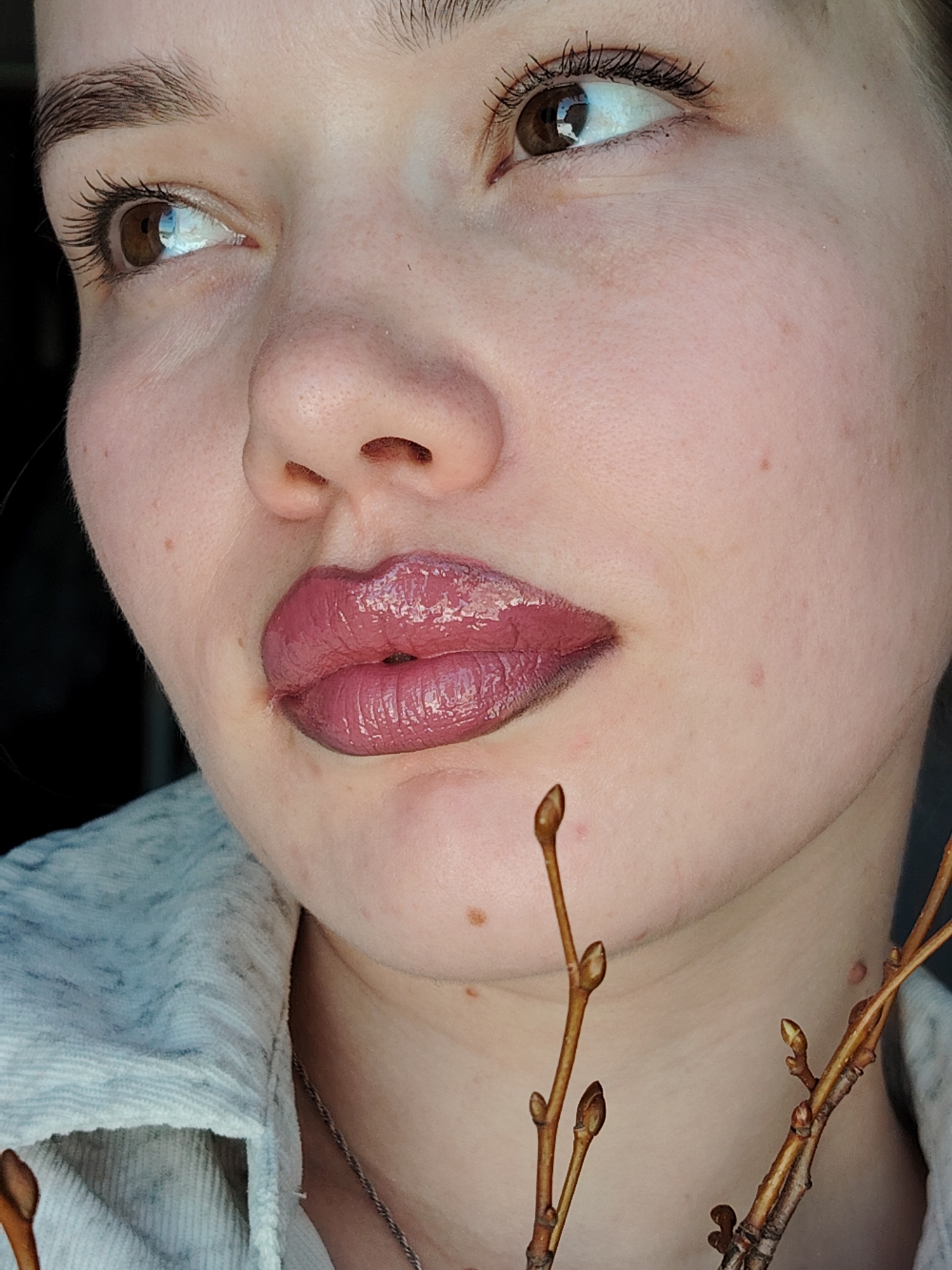 The image is a close-up, angled portrait of a female individual, presumably in the city of Марковский, Russia, though no specific geographic markers are present. The subject's left side of the face is prominently featured. Her skin is light-toned, with minor blemishes or freckles visible. Her right eye, featuring a brown iris, is directed upwards and to the right, with dark eyelashes and defined eyebrows. Her lips are full and coated in a glossy, plum or deep pink-colored product. The upper part of her nose is also visible. She wears a light grey, textured collared garment, possibly corduroy, visible on her left shoulder and collar. A thin, silver-colored chain necklace is visible below her collar. In the lower right foreground, several bare tree branches with visible buds are present, positioned in front of the subject. The background is uniformly dark and indistinct.