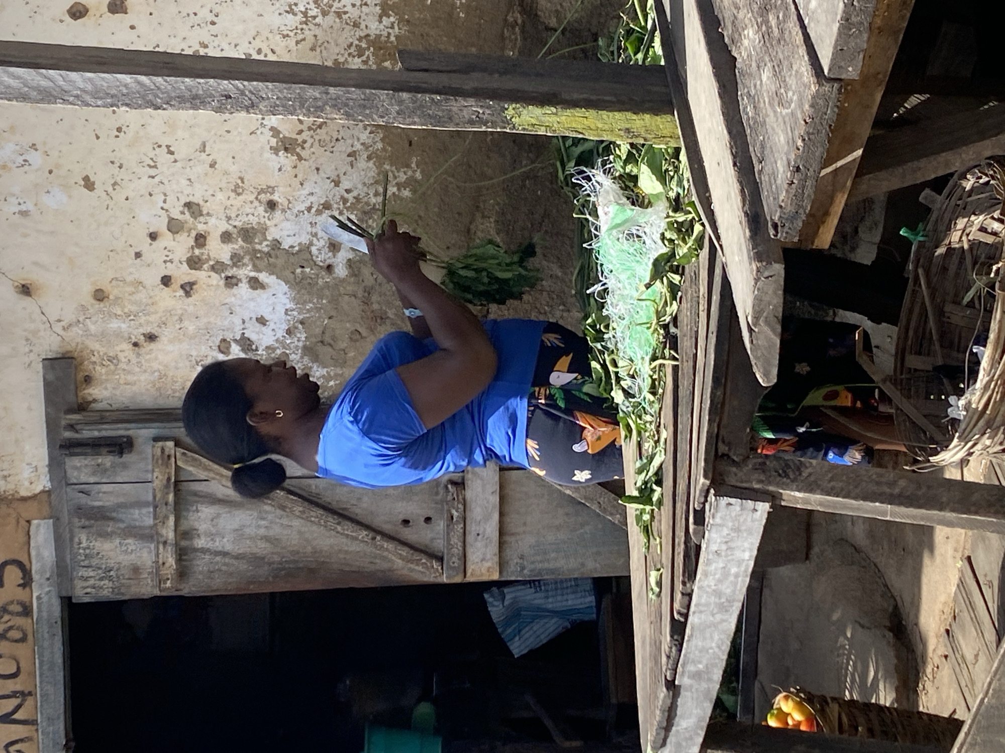 A Black woman stands by a rustic wooden stall, preparing leafy greens. She wears a bright blue t-shirt and patterned trousers. Her hair is pulled back in a bun, and she has gold hoop earrings. In her right hand, she holds a knife, and in her left, she clutches a bundle of greens. The stall is laden with more greens, some wrapped in a green mesh bag. Behind her, a weathered wooden door leads into a dark interior. The wall behind the stall is textured and discolored. To the left of the stall, a basket overflows with red and orange tomatoes. The ground beneath the stall is uneven and dirt-covered. The scene appears to be an outdoor market. The image is set in Kabong, Nigeria.