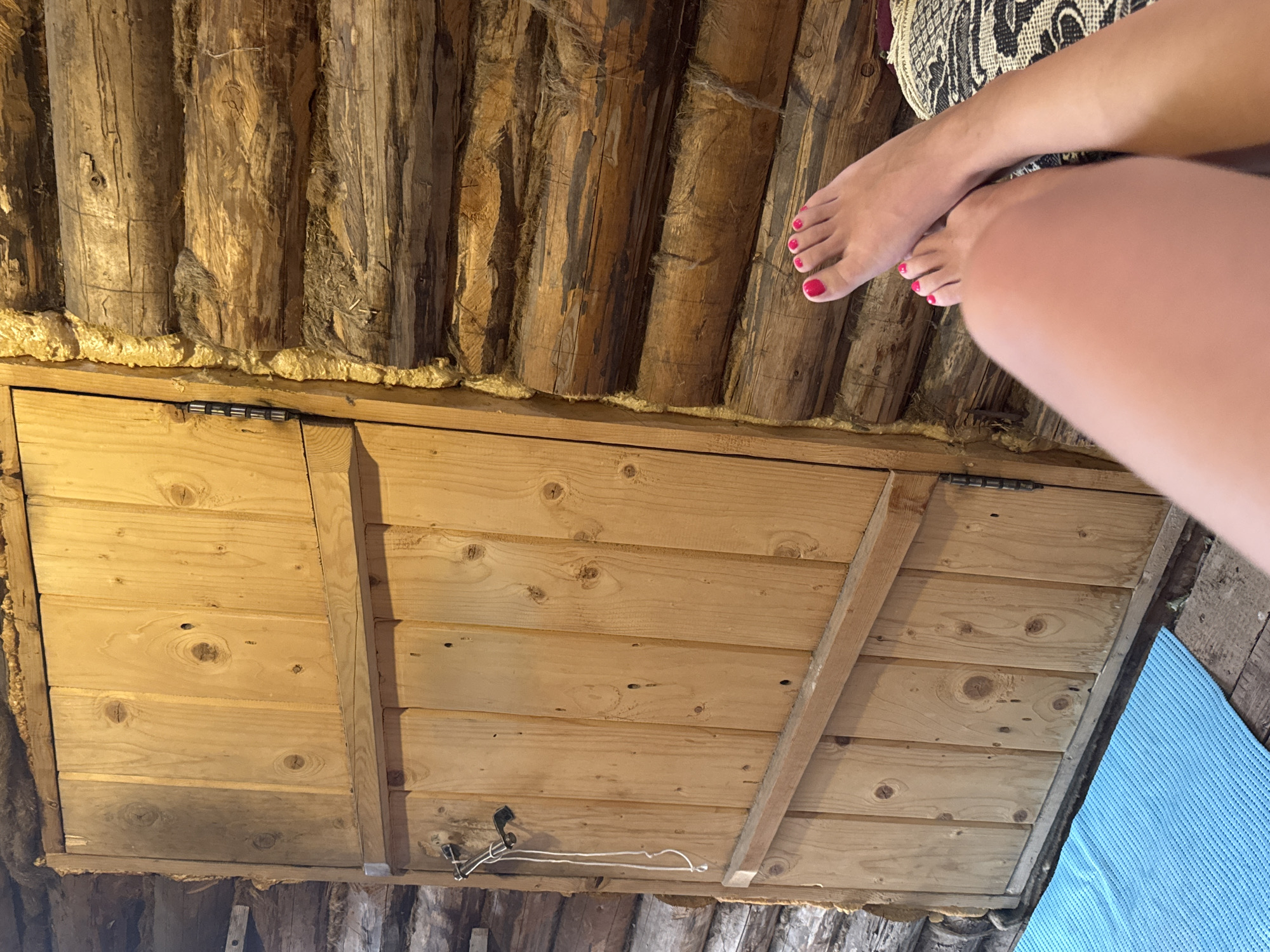 A low-angle shot shows a section of a log cabin ceiling featuring a hinged wooden hatch, likely leading to an attic or storage space. The logs are a natural brown color, chinked with a lighter material resembling foam insulation. The hatch is made of unfinished wooden planks, reinforced with a diagonal brace. Attached to the hatch is a metal hook connected to a thin white cord. In the upper right corner, two human feet with pink nail polish are visible. A patterned material rests beneath the feet. A blue mat is also partially visible in the lower right. The location is likely a building in Chaikovsky, Russia.