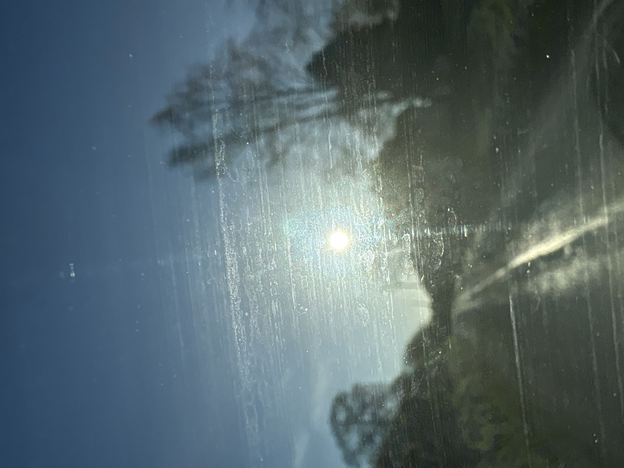 The image shows a view through a dirty window with streaks and smudges. The sun is visible through the window, appearing as a bright, circular light source. The reflection of trees and vegetation is also visible through the window. Due to the lack of specific information within the image, it is impossible to provide the exact location in Ruyton-XI-Towns, United Kingdom, nor is it possible to determine the presence of any people, interactions, or actions within the scene.