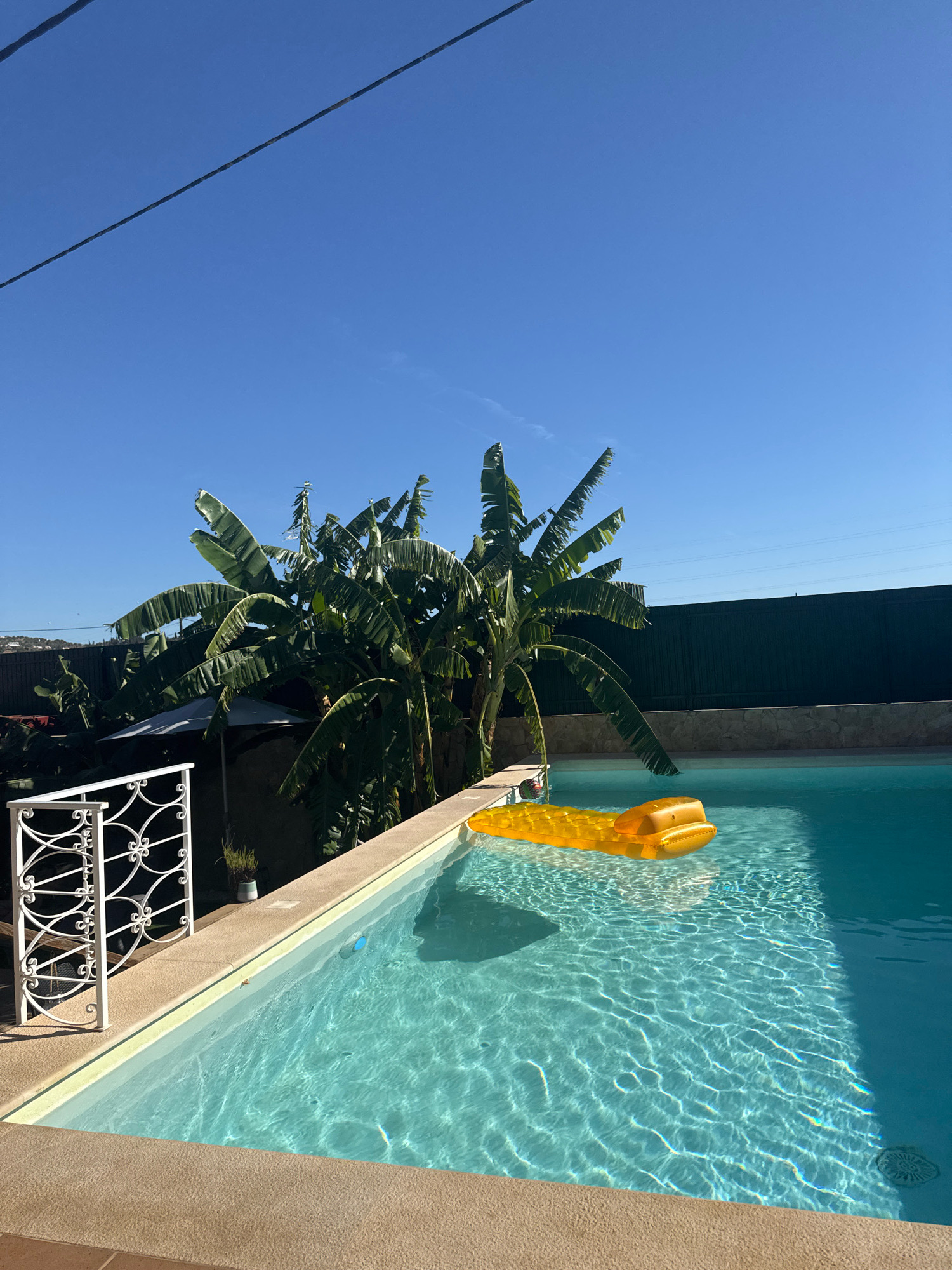 A vibrant turquoise swimming pool is featured in a sun-drenched outdoor scene, likely located in Albufeira, Portugal. The pool's surface is rippled by sunlight, creating a shimmering effect. A bright yellow inflatable raft floats near the edge of the pool. To the left, a white wrought-iron railing with ornate scrollwork adorns the pool's edge. Behind the railing, lush, large-leafed banana trees dominate the background, their fronds reaching towards a clear blue sky. A dark green fence encloses the property. The sun casts distinct shadows across the water and surrounding pavement. The overall atmosphere is one of leisure and a warm, summer day.
