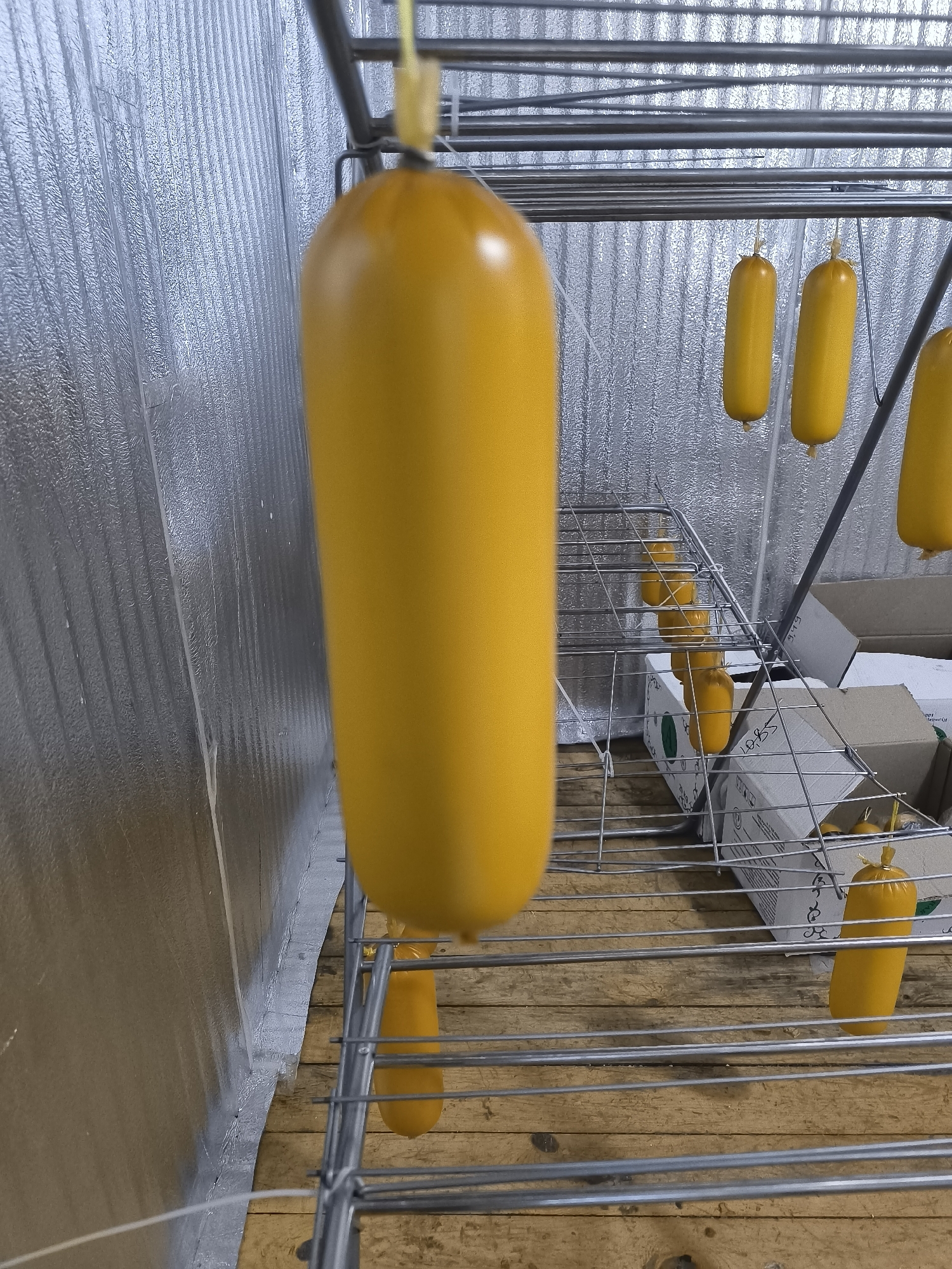 The image depicts a drying rack with several yellow, sausage-shaped objects hanging from it. The objects appear to be suspended by yellow strings or ties. The rack is made of metal and is positioned indoors, with a textured, reflective silver wall in the background and a wooden floor below. Cardboard boxes are visible on the floor and on the shelves of the rack. The lighting suggests an artificial environment. There are no people visible in the image. The setting appears to be a processing or storage area.
