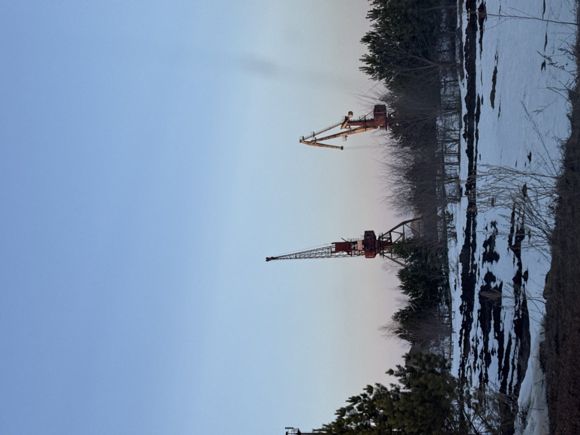 The image shows a landscape with two red cranes against a pale blue sky. Below the cranes, there's a line of trees and what appears to be a snow-covered area with patches of vegetation. The image is taken outdoors, and the presence of snow suggests a cold climate. The location is Chaikovsky, Russia.