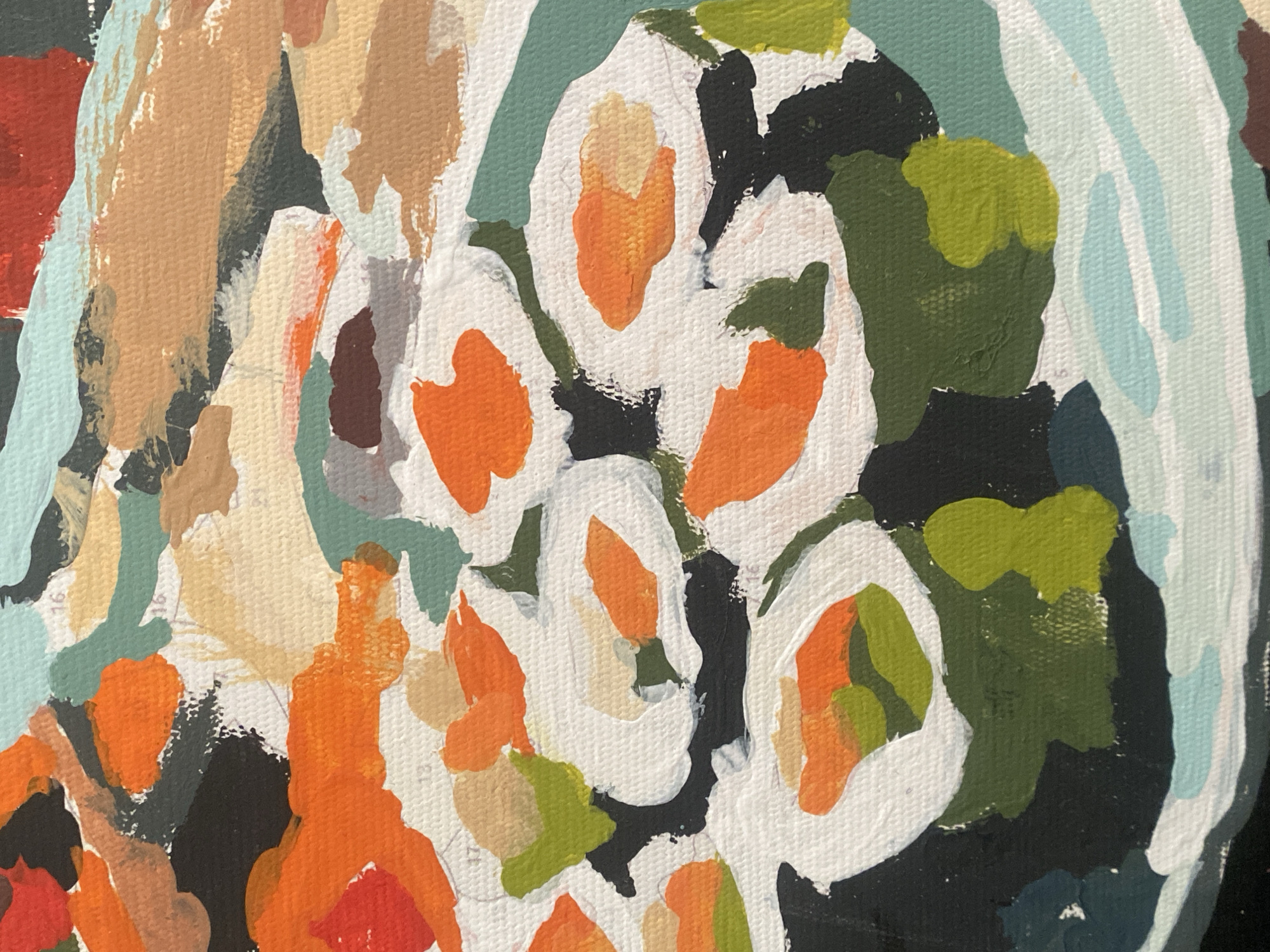 This is a close-up, abstract, impressionistic painting of sushi. The style is characterized by thick, bold brushstrokes and a limited color palette. The sushi rolls are depicted with white rice, green seaweed, and orange fillings, likely salmon or roe. Other elements in the painting include red, orange, black, brown, and various shades of green and blue, representing different ingredients or abstract shapes within the composition. The texture of the canvas is visible through the paint, indicating it is likely an oil or acrylic painting. The scene is flat and two-dimensional, focusing on form and color rather than realistic detail. There are no people, actions, or interactions visible in this cropped image. The location is not discernible from the image itself, and therefore cannot be provided.