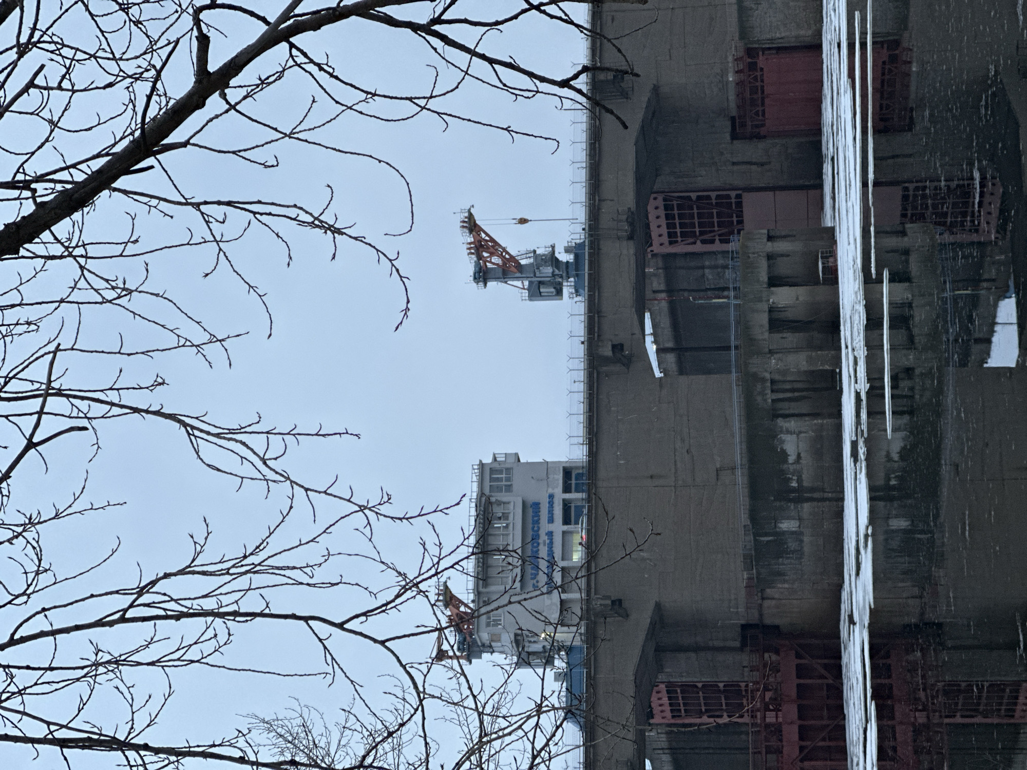 The image, taken from below, shows a multi-story concrete building under construction in Chaikovsky, Russia. A large crane is perched atop the structure. A nearby building features Russian text. Bare tree branches frame the sky in the foreground. The weather appears overcast. The scene is dominated by industrial structures and construction elements. Icicles hang from the top of the image.