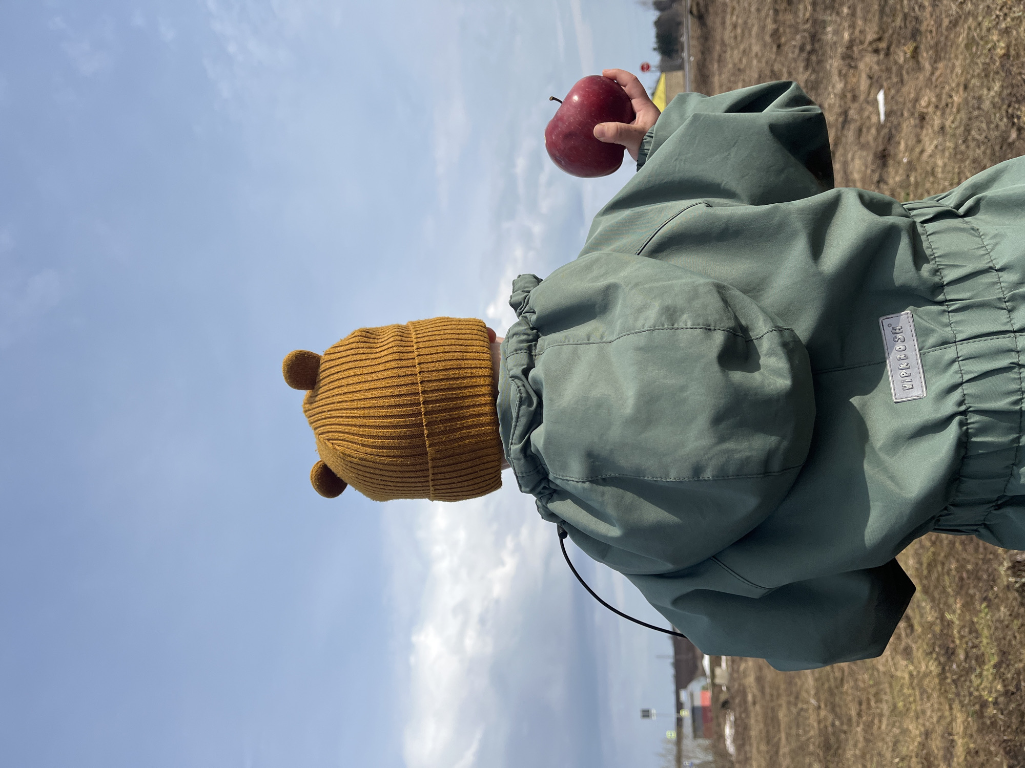 A child in Павловка, Russia holds a red apple. The child wears a yellow knit hat with bear ears and a green jacket. The background shows a field, sky, and distant buildings.