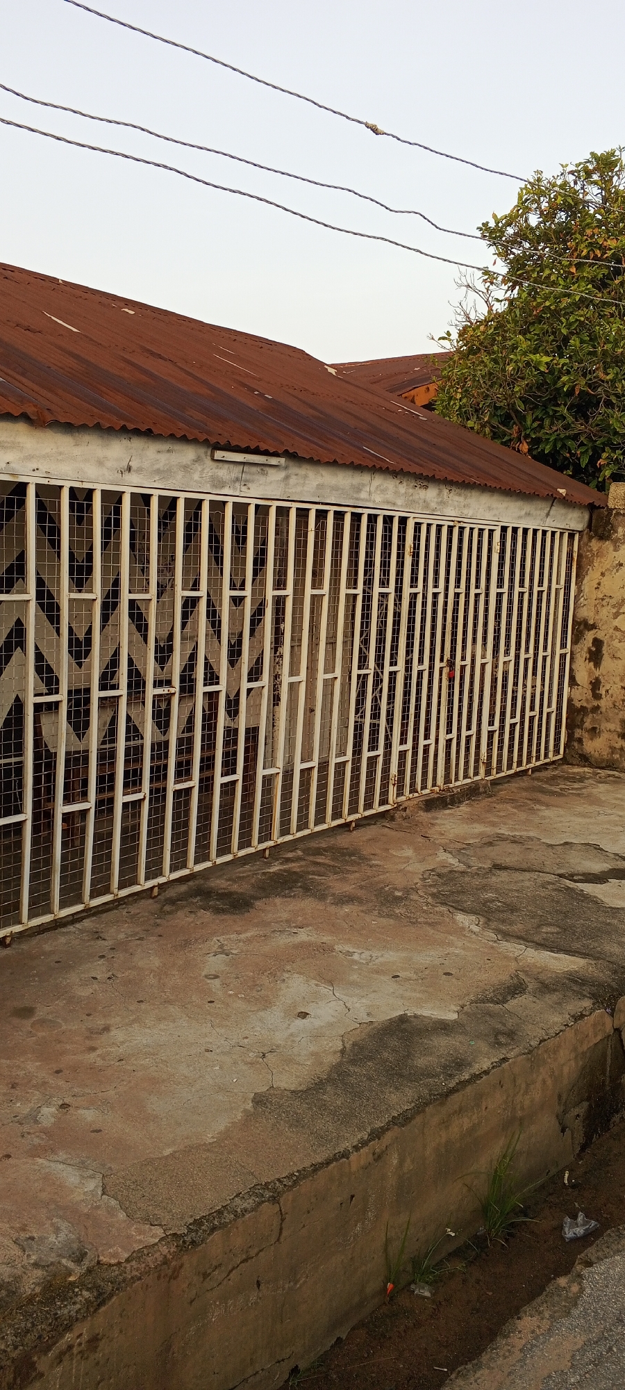 The image depicts a segment of a building facade in Jalingo, Nigeria, characterized by a weathered, rusty corrugated metal roof that extends over a section of the structure. A white metal gate, constructed with vertical bars and a diamond pattern mesh in the background, spans the width of the visible building front. The gate has a red lock visible on one of its panels. The ground in front of the gate is paved with concrete, showing signs of wear and cracking. To the right of the gate, a textured stone wall is visible, partially covered by foliage from a dense green tree. Above the roofline, three overhead power lines traverse the sky, which is a pale, washed-out blue, suggesting overcast or early morning conditions. The scene is static and shows no human activity.