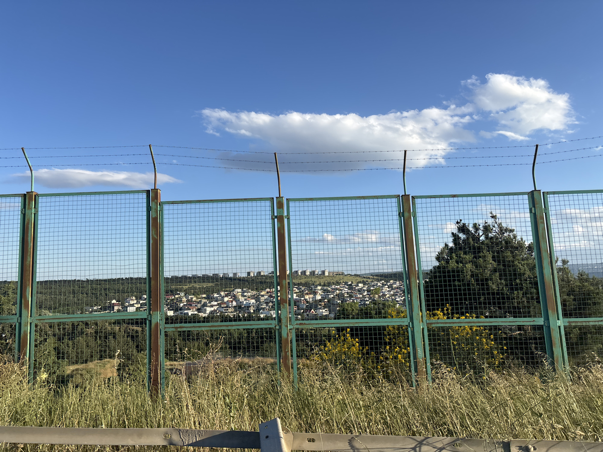 A tall, green metal fence with barbed wire on top stretches across the foreground of the image, dividing the viewer from a sprawling cityscape in the distance. The fence is made of interconnected wire mesh panels, supported by vertical posts that show signs of rust. Tall, dry grasses grow in front of the fence, partially obscuring a gray barrier or railing at the very bottom of the frame.
Through the fence, a dense settlement of white and light-colored buildings climbs up a hillside. The buildings are packed closely together, with a few taller, modern structures visible on the crest of the hill. The cityscape is surrounded by lush green trees and vegetation, indicating a hilly or mountainous terrain. The sky above is a clear, bright blue with scattered white clouds, suggesting fair weather and likely daytime.
The image evokes a sense of separation or exclusion due to the imposing fence. The contrast between the man-made barrier and the natural landscape, along with the distant urban environment, creates a somewhat poignant scene. The overall impression is one of looking out over a populated area from a vantage point, with a clear demarcation line. The lighting suggests it is late afternoon or early evening, with the sun casting long shadows and illuminating the sky.