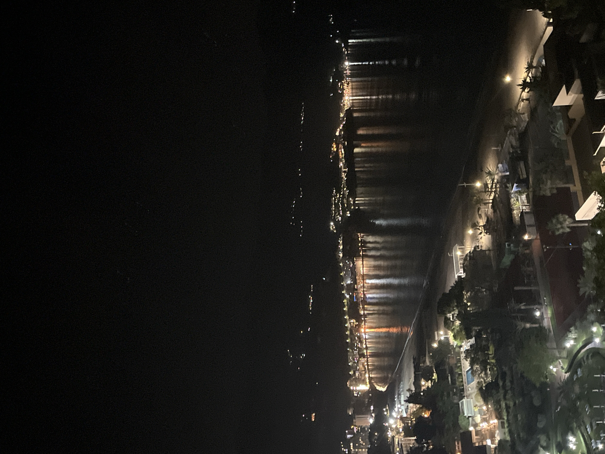 This is a factual description of the media file provided, depicting a panoramic nighttime view of a coastal area.
The image captures a resort or town along a coastline at night, with the land on the right and a large body of water, likely the sea, extending to the left. The time of day is clearly night, as evidenced by the dark sky and the extensive use of artificial lighting across the scene.
On the landward side, numerous buildings, appearing to be hotels or holiday accommodations, are visible, many with illuminated windows or exterior lights. These structures are nestled amidst a generous amount of trees and vegetation, including distinct palm trees, suggesting a warm climate. Pathways, possibly a promenade, and what appears to be a swimming pool within a resort complex are also illuminated by scattered streetlights and other outdoor fixtures. The lights from the shore cast long, shimmering reflections across the dark surface of the water, creating a captivating visual effect.
Further out on the water, a few smaller, isolated lights can be seen, which might belong to boats or distant coastal features. The sky is dark and clear, indicating fair weather conditions. No specific individuals or discernible activities are visible, but the illuminated infrastructure suggests a lively resort atmosphere during the evening hours. There is no visible text within the image. Given the provided location context, this scene is Boreti, Montenegro, offering a night view of its Adriatic coast.