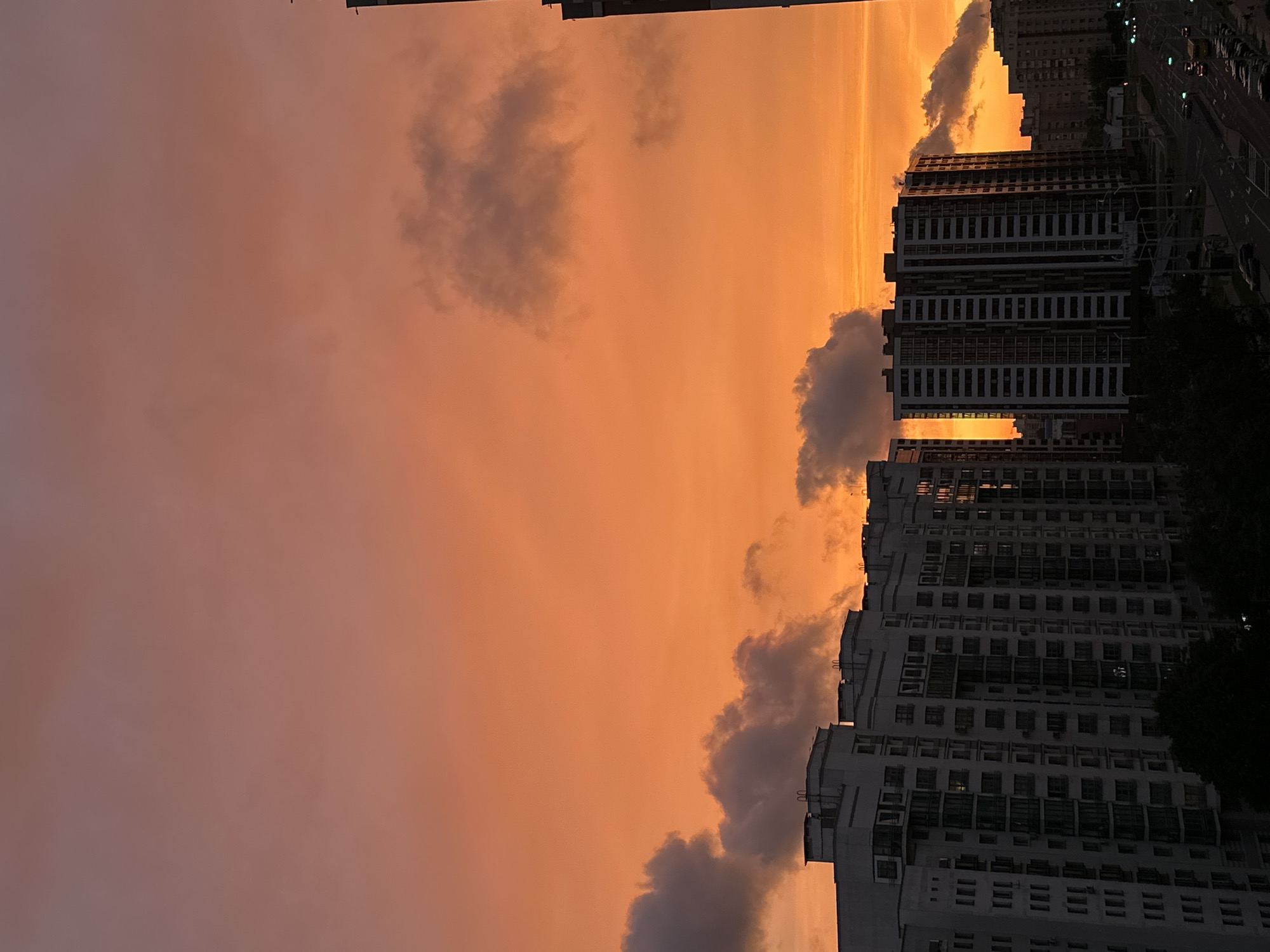 This is a vertical, medium-shot photograph of a vibrant sunset over a city skyline. The sky is dominated by intense shades of orange and pink, with some dark gray clouds scattered across the upper portion of the frame. In the foreground, several tall, modern apartment buildings are visible. These buildings are characterized by their uniform white facades and numerous windows, many of which appear to have balconies. The lower section of the image shows a street with cars and streetlights, indicating an urban environment. Based on the architectural style of the buildings and the overall urban landscape, the scene is consistent with the city of Minsk, Belarus. There are no people or animals readily apparent in the image. The time of day is clearly sunset due to the intense colors in the sky. The photograph captures a common urban scene during a dramatic sunset.