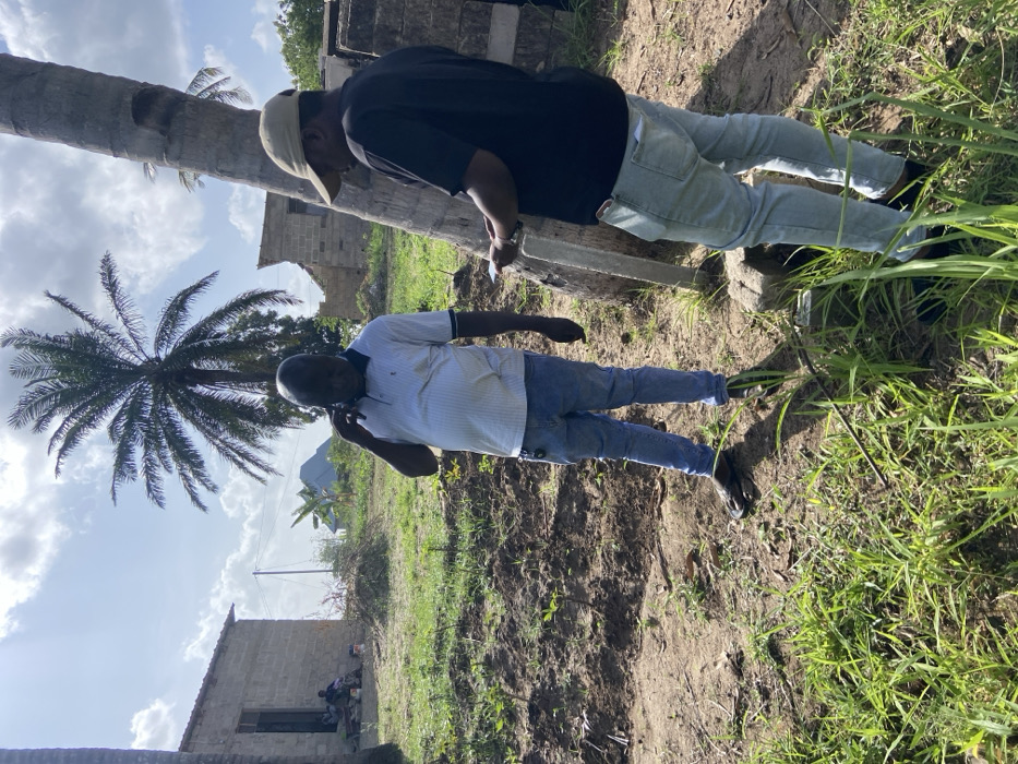 This image, taken in Kibaha, Tanzania, depicts two men outdoors in a semi-rural or undeveloped setting during what appears to be a bright, sunny day with scattered clouds. The ground is a mix of bare earth and patches of green grass and weeds.
In the foreground, a man wearing a white and blue striped polo shirt, blue jeans, and dark shoes is holding a mobile phone to his ear, seemingly engaged in a call. He stands on uneven ground, facing slightly away from the camera. Behind him and slightly to the right, another man is visible. He wears a black t-shirt, a light-colored baseball cap, light blue jeans, and dark shoes. This second man is looking downwards, seemingly focused on something in his hands, possibly a piece of paper. A concrete block or barrier lies on the ground between the two men.
Several palm trees are prominent in the scene; a large tree trunk dominates the left side of the frame, and a full palm tree with fronds is visible further back. In the background, there are partially built or dilapidated structures made of concrete blocks, suggesting either ongoing construction or abandoned buildings. Distant hills or mountains can be seen on the horizon under the bright, cloudy sky. The overall scene suggests an outdoor inspection or discussion, possibly related to land or property, in a tropical environment. No specific emotions are discernible, and there is no visible text in the image.