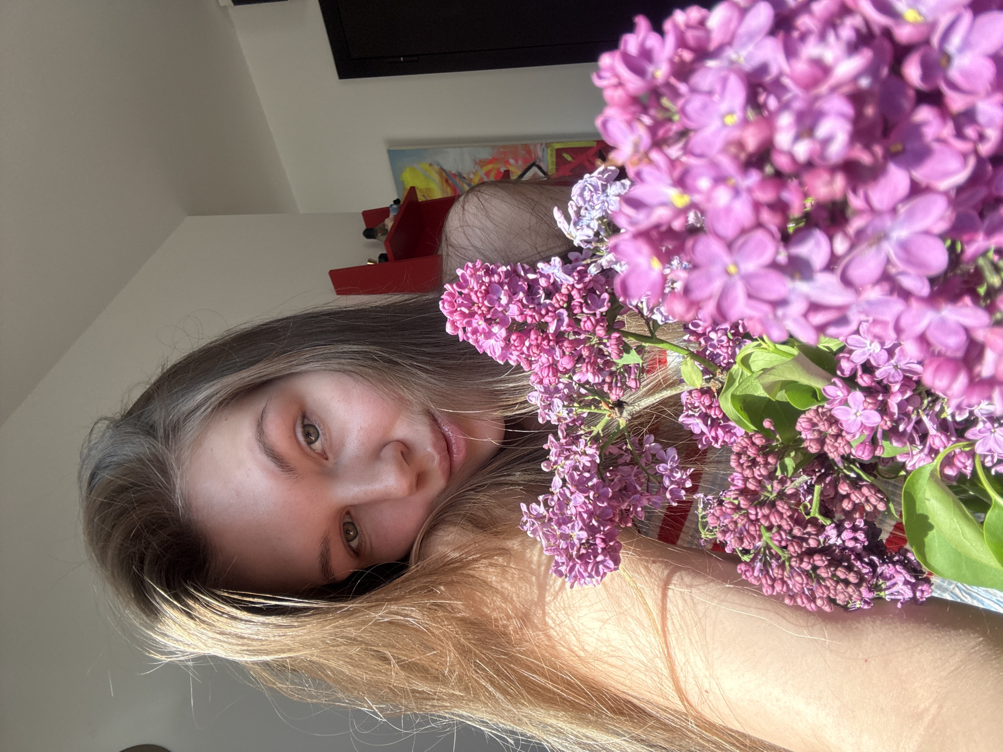 A young woman with long, blonde hair is featured in the foreground, holding a bouquet of purple lilacs. The background reveals a glimpse of a room with white walls, a black television or monitor mounted high, a red shelf with items on it, and a colorful abstract painting. The location is Vozdovac Urban Municipality, Serbia.