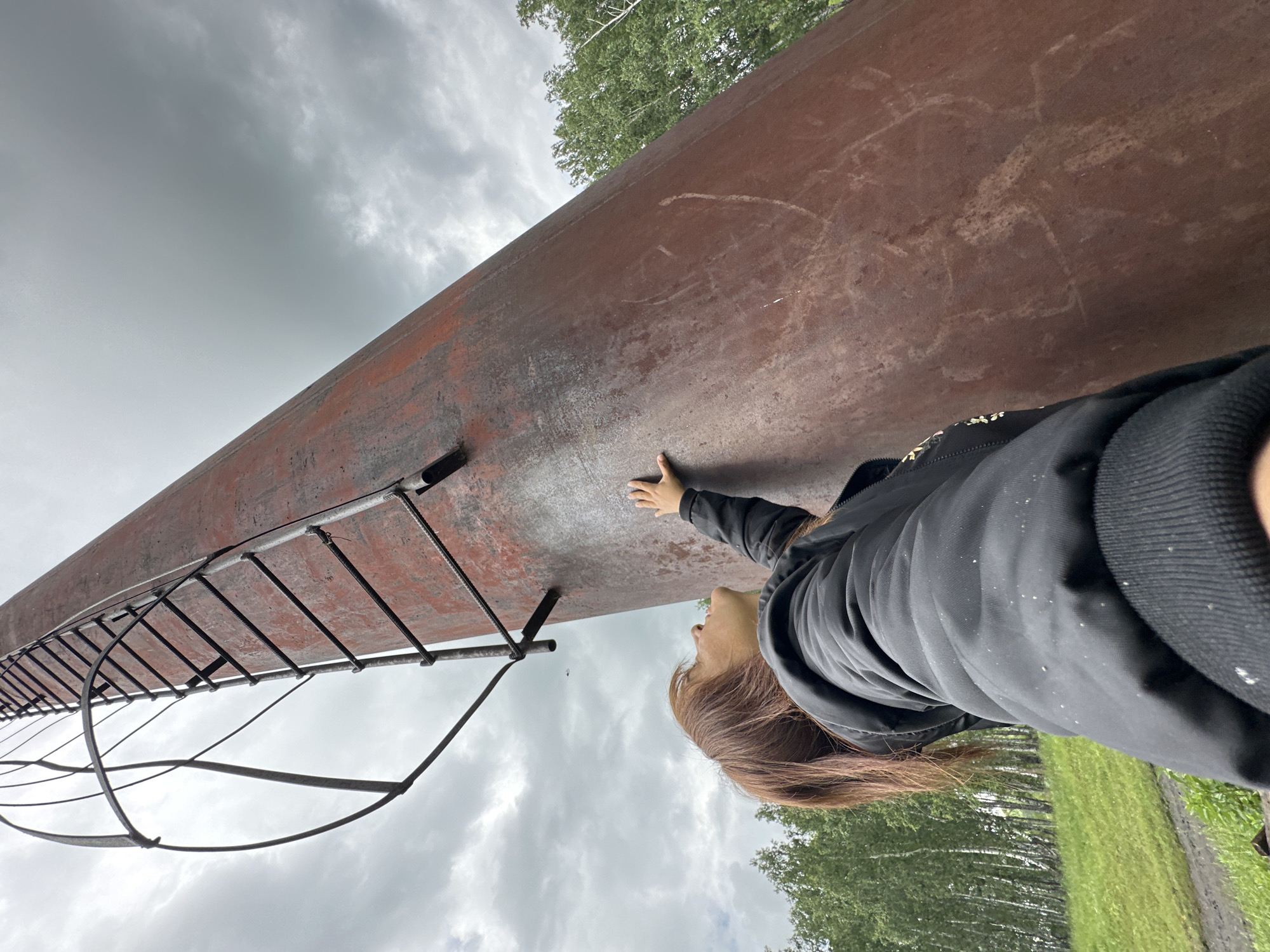 A person with auburn hair, wearing a black jacket, stands outdoors and looks up at a tall, rusty, cylindrical structure with a ladder attached. The person's right hand is touching the structure. The structure is leaning slightly. Behind the structure, there is a grassy field and a line of birch trees under a cloudy sky. The scene appears to be in an industrial or abandoned area.