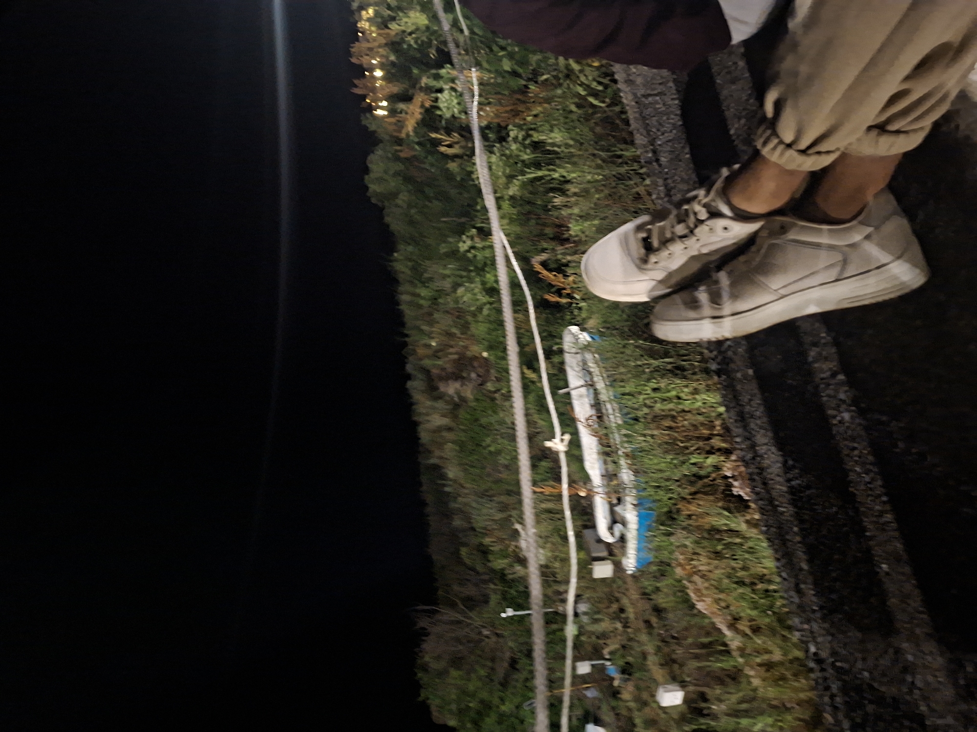 The image captures a nighttime scene in Tyulenovo, Bulgaria, focusing on a pair of legs and feet adorned with white sneakers and beige pants. The individuals are seated, with one leg resting atop the other. In the background, a small, overturned white and blue boat lies amidst dense green vegetation. A thick rope, likely a barrier, runs horizontally across the mid-ground, separating the foreground from the background. The sky is dark and cloudless, with distant lights hinting at a settlement beyond the natural landscape. The overall impression is one of peaceful contemplation in a coastal environment.