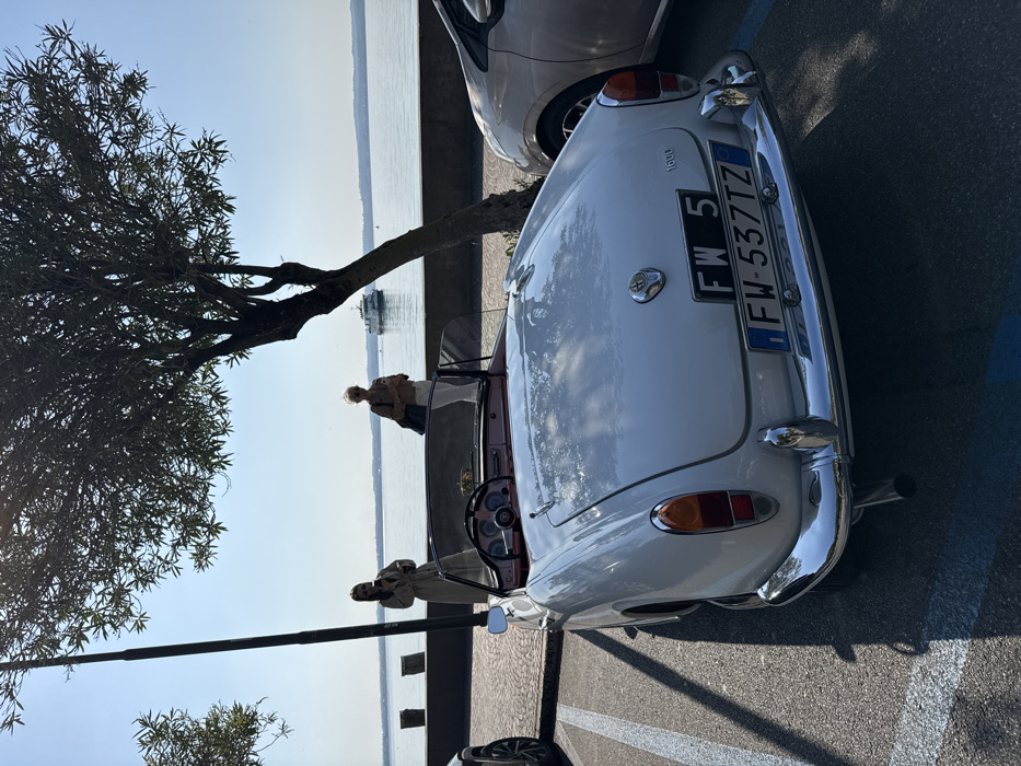 A white vintage convertible, identified as an Alfa Romeo Giulia Spider 1600 with Italian license plate FW 537TZ, is parked in a paved lot in Sirmione, Italy, oriented with its rear towards the observer. The vehicle's convertible top is lowered, revealing a red interior and a black steering wheel. It features chrome bumpers and a single exhaust pipe. A portion of a modern light-colored vehicle is visible to the right of the convertible. Blue painted lines mark the parking space.
Behind the cars, a low concrete wall separates the parking area from the tranquil waters of Lake Garda. Two adult females stand near this wall, facing the lake. The woman on the left, dressed in a light-colored long garment, is holding a cellular phone. The woman on the right, wearing a light brown top and white trousers, carries a dark shoulder bag.
A mature tree with dense green foliage is positioned between the parked cars and the two women, casting shadows onto the white convertible. A tall, dark utility pole stands on the left side of the scene. In the distance on Lake Garda, a white ferry boat is visible, with faint landmasses on the horizon under a clear blue sky.